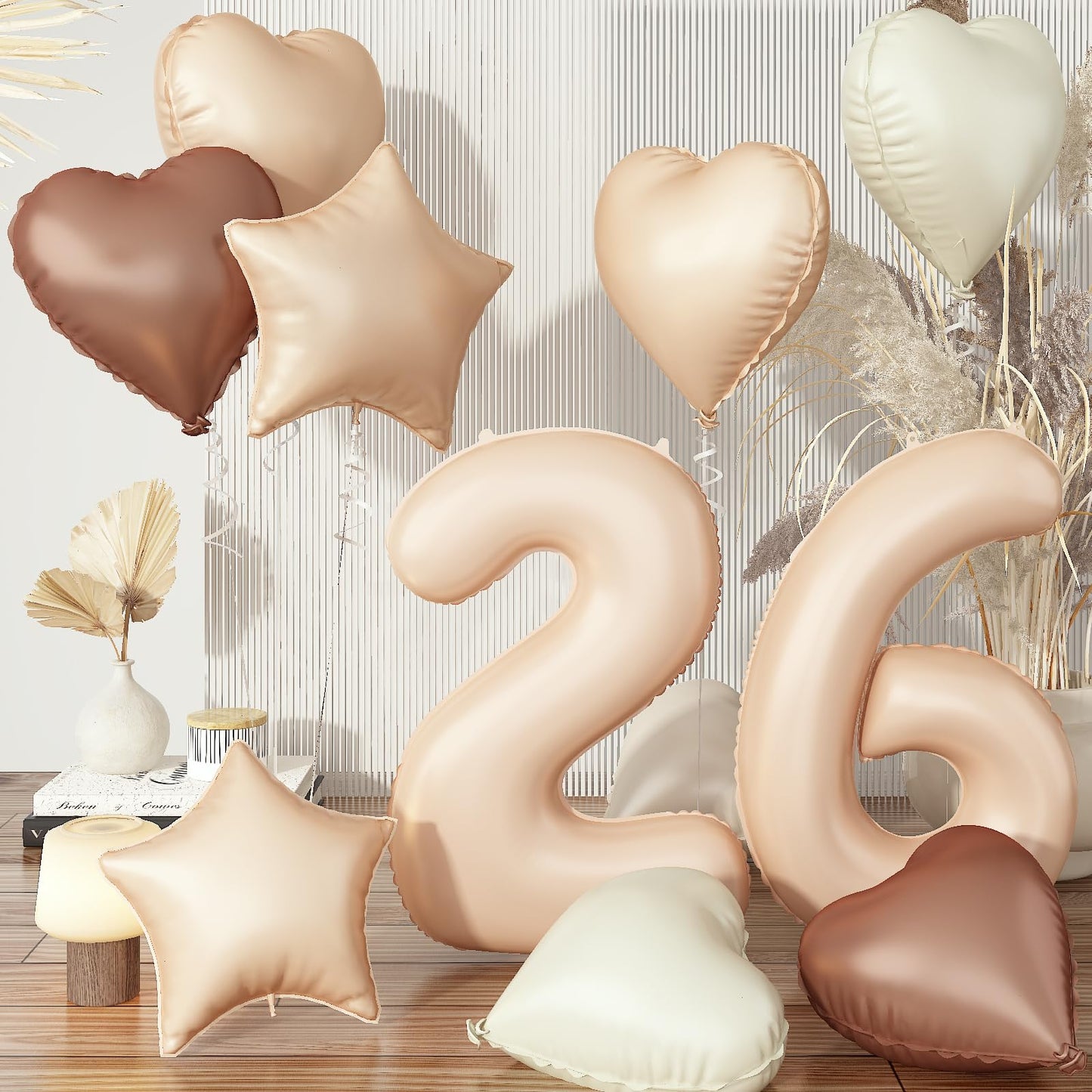 Cream 26 Balloons Decor, Beige Brown White Sand Foil Star Heart Balloon, Large Helium Nude Tan Boho Neutral Number 26 Balloon Fo