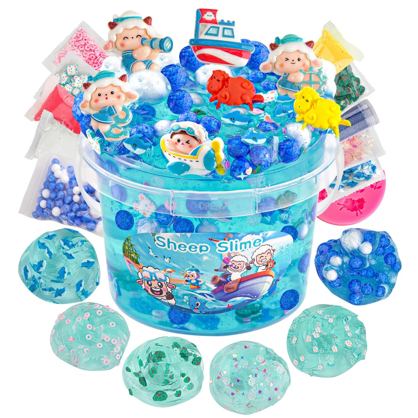 Lawoho Sheep Clear Slime 300Ml, Blue Slime Kit For Girls Ages 8-12 With 11 Packs Slime Add-Ins, Slime For Kids Party Favors, Non Stick Clear Slime For Kids Birthday Halloween Christmas Easter Gifts
