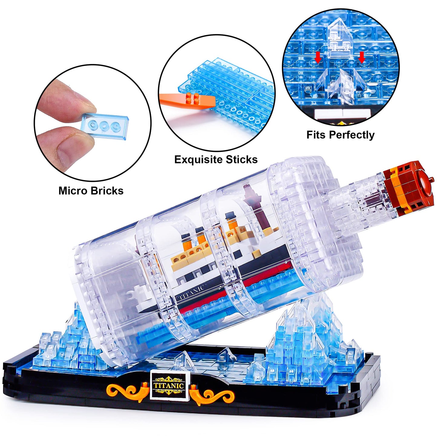 Vziimo Titanic Ship In A Bottle Micro Mini Building Set, Titanic Toys Model Collectible Display Sets, Building Kits For Adults Kids Teens Age 14+ Gift (1102 Pcs)