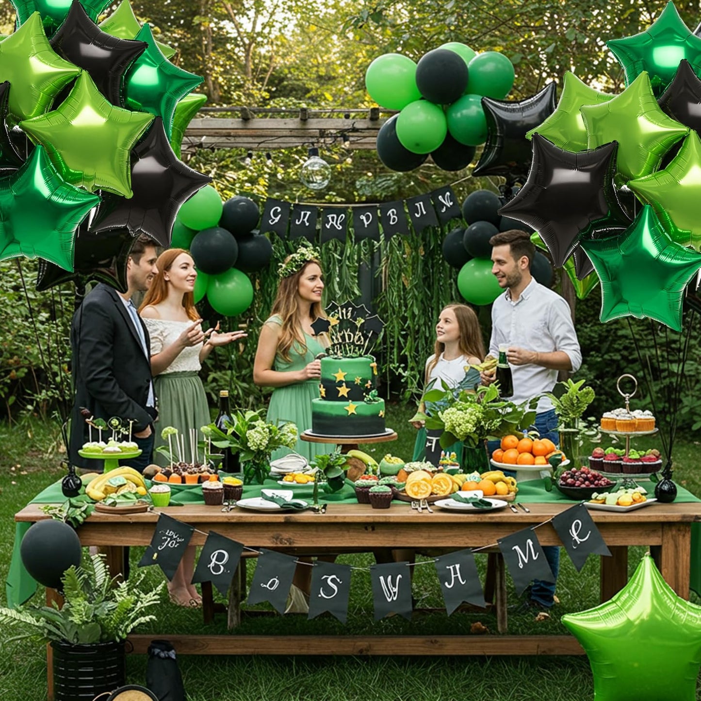 TONIFUL 15Pcs 18 Inch Large Green Black Star Shape Foil Balloons Big Stars Helium Mylar Ballons for Birthday Wedding Baby Shower