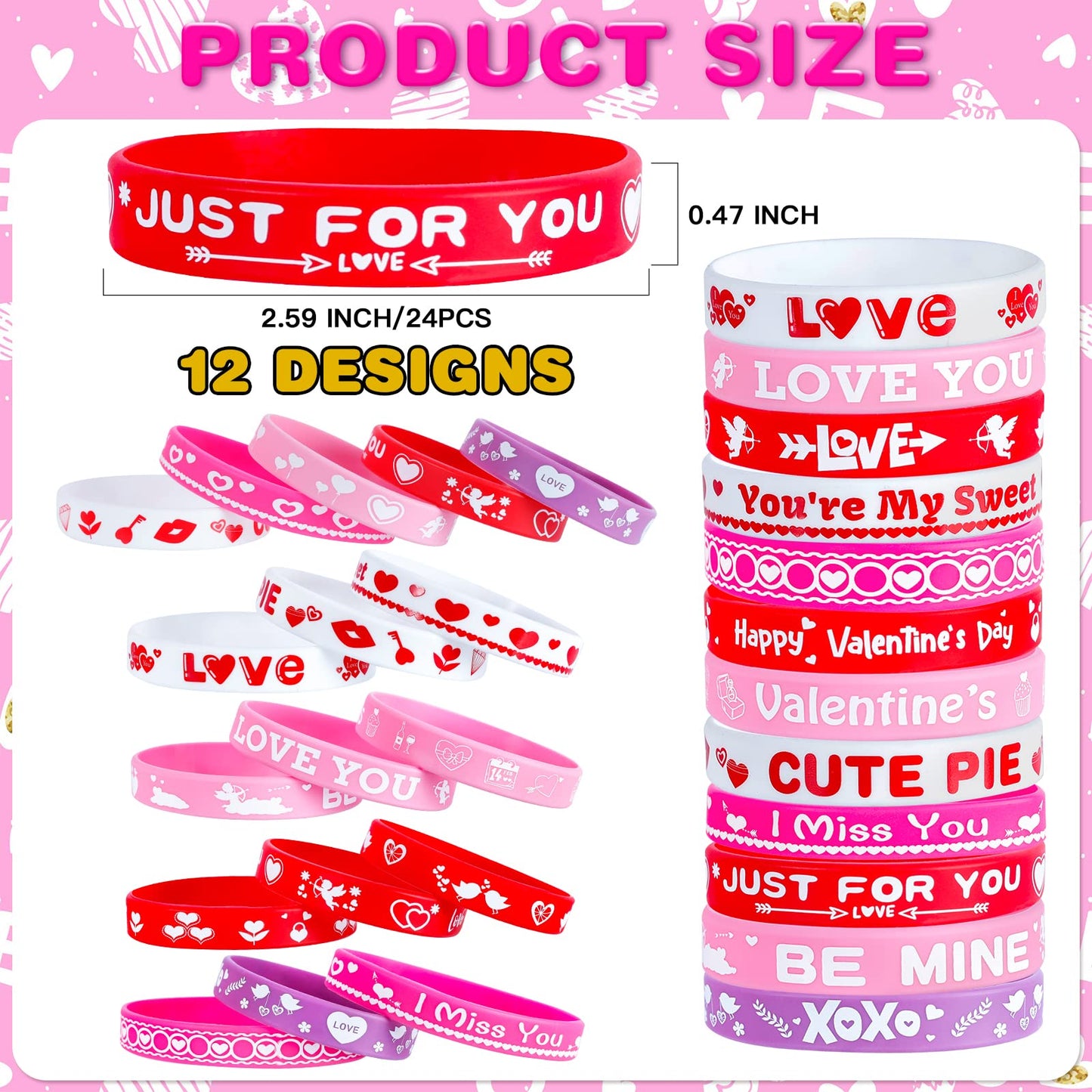 Thuodo 48 Pcs Valentines Slap Bracelets Rubber Bracelets Valentines Party Favors Gifts for Kids School Classroom Goodie Bag Stuf