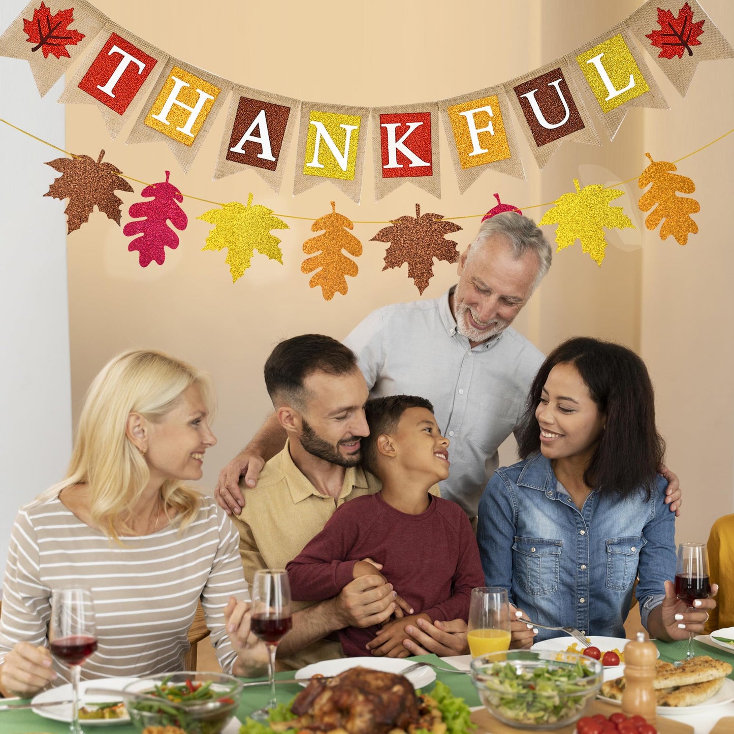 CUUSNNY Thankful Burlap Banner with Maple Leaves,Glitter Rustic Fall Thanksgiving Decorations for Mantle Fireplace,Harvest Party