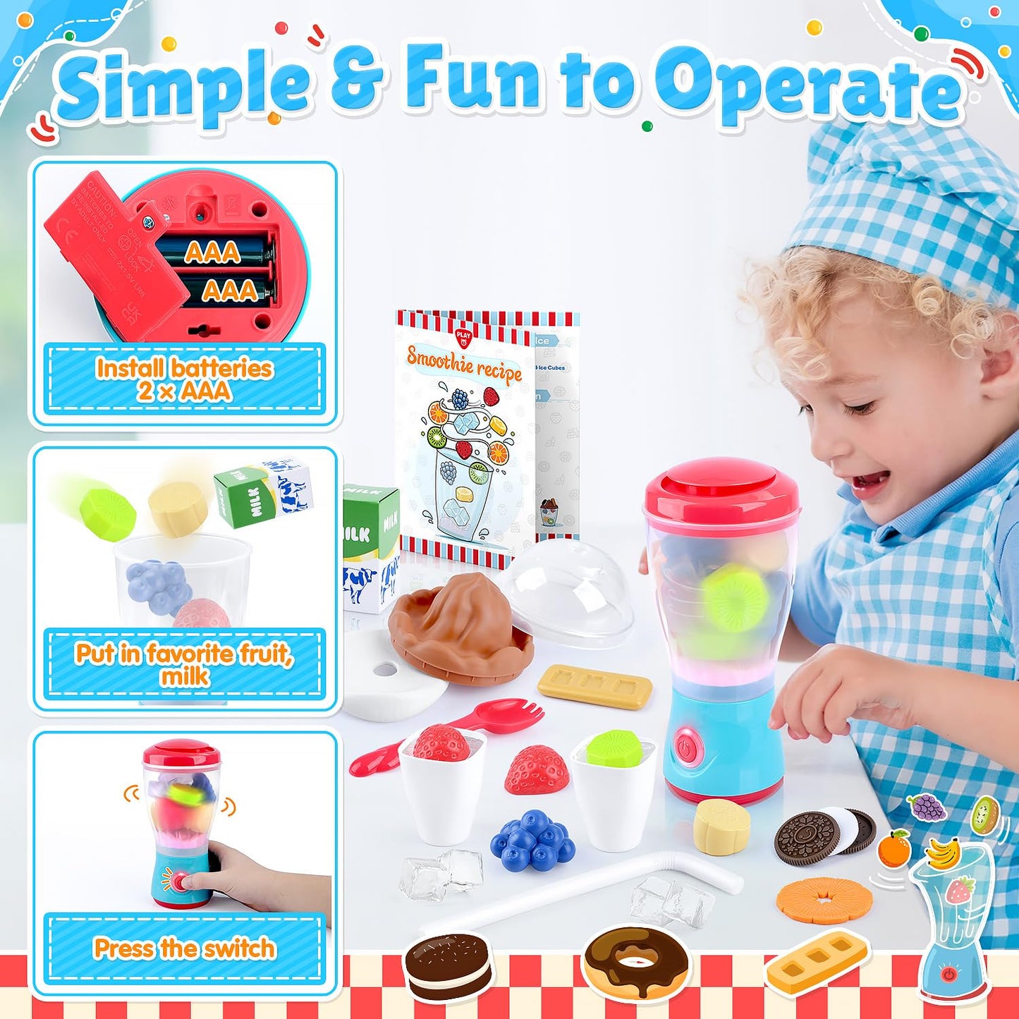 Play Smoothie Maker Toy Blender Set - 27 Pcs Pretend Play Kitchen Appliance For Kids With Realistic Action, Light And Sound, Pla