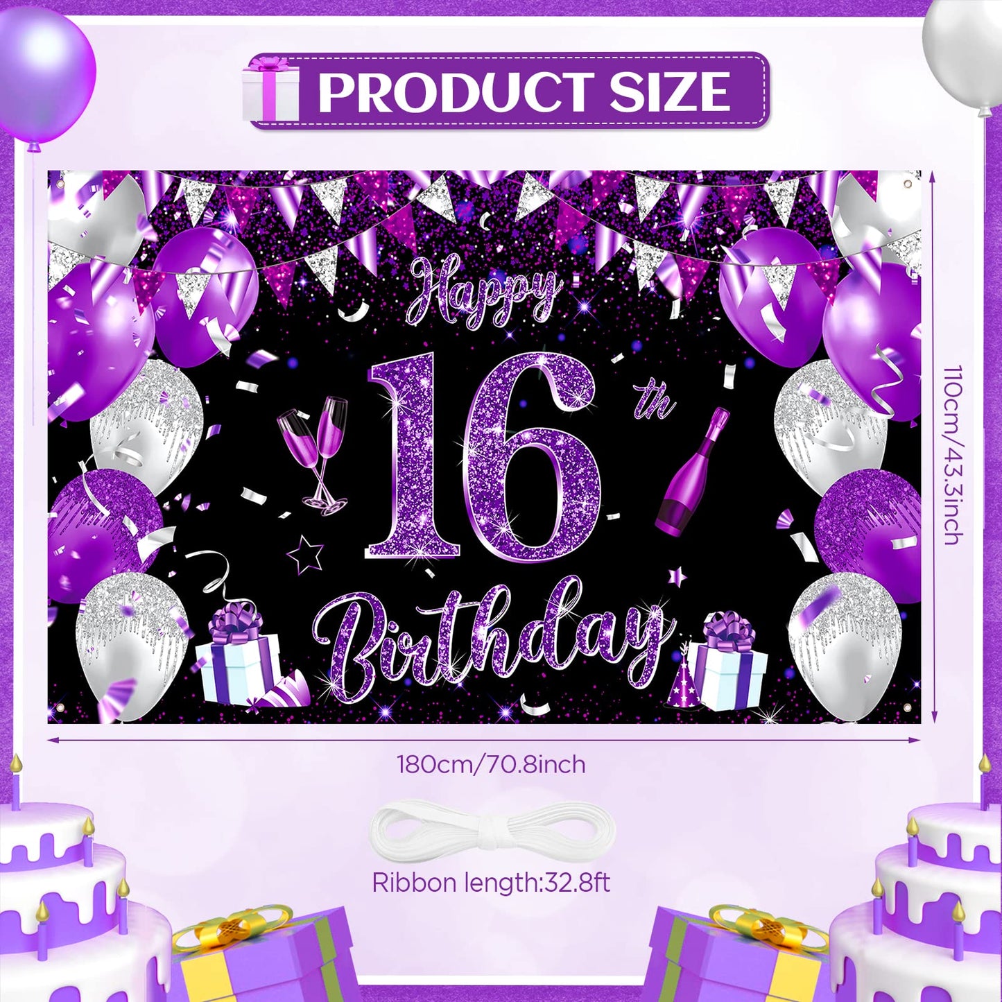 Purple 16Th Birthday Decoration Banner For Girls Large Black Purple Silver Happy 16Th Birthday Banner Purple And Black 16Th Background For 16Th Birthday Anniversary Party Supplies