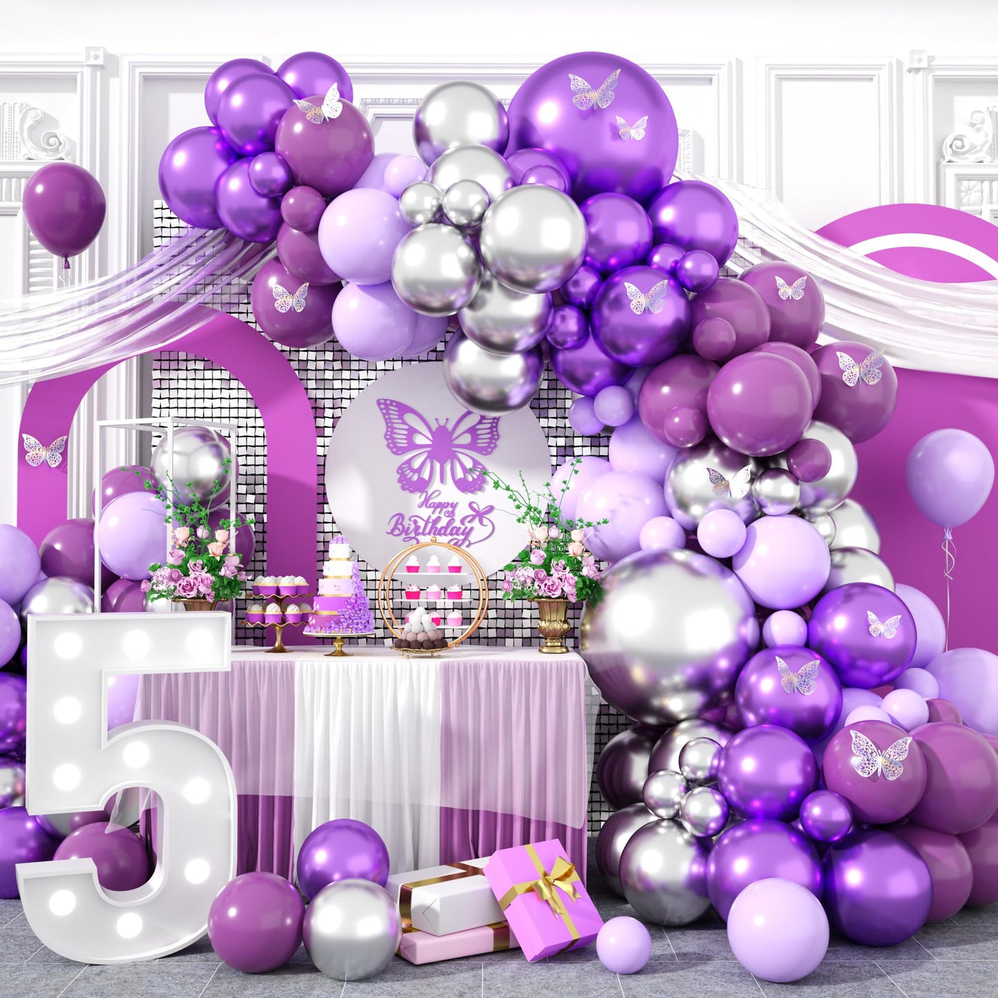 Purple Silver Balloon Arch Kit, Metallic Purple Silver Butterfly Balloons With Butterfly Stickers For Kids Butterfly Party Decorations Birthday Balloons Baby Shower Engagement Party Supplies