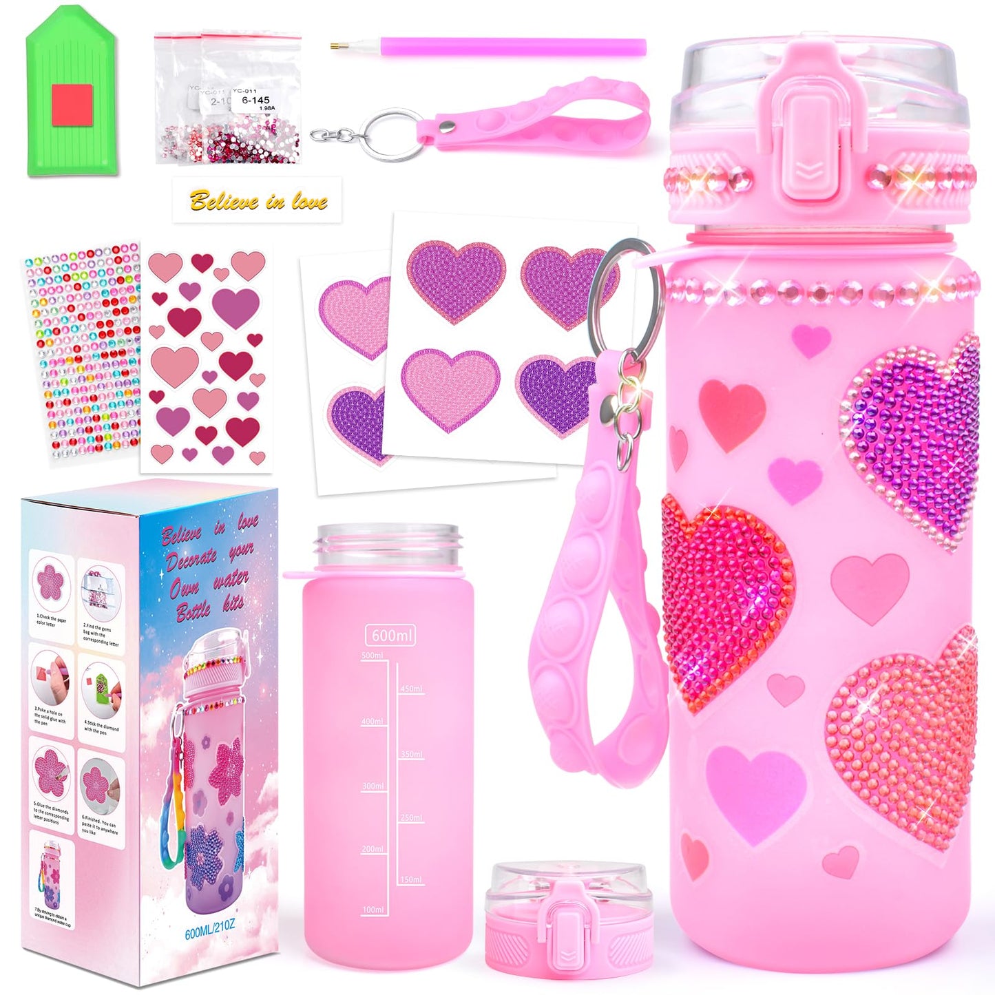 ASIOWELY Decorate Your Own Water Bottle Kits for Girls Age 4-12, Pink Herat Diamond Painting Art and Crafts for Boys Age 4-6-8-1