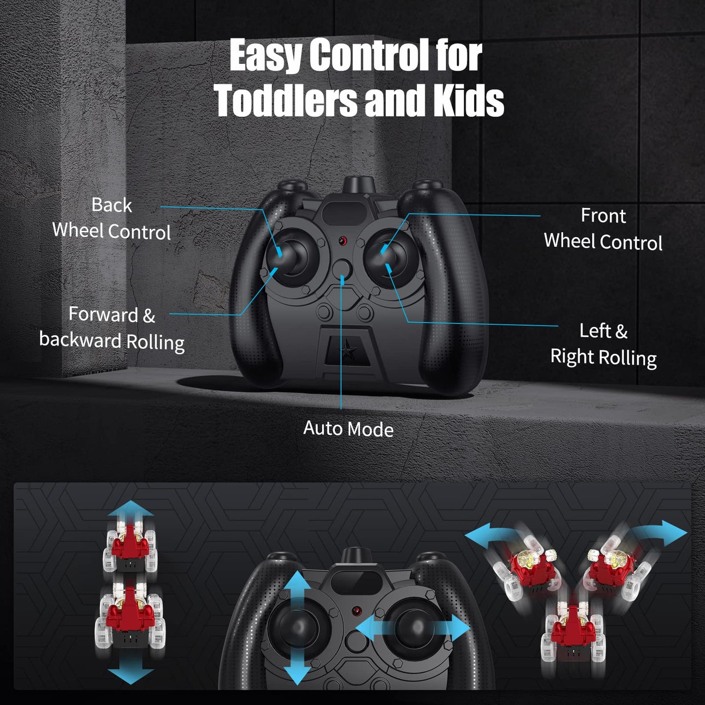 Kizeefun RC Stunt Car, Invincible 360Rolling Twister with Colorful Lights & Music, Rechargeable Remote Control Car for Kids (Red