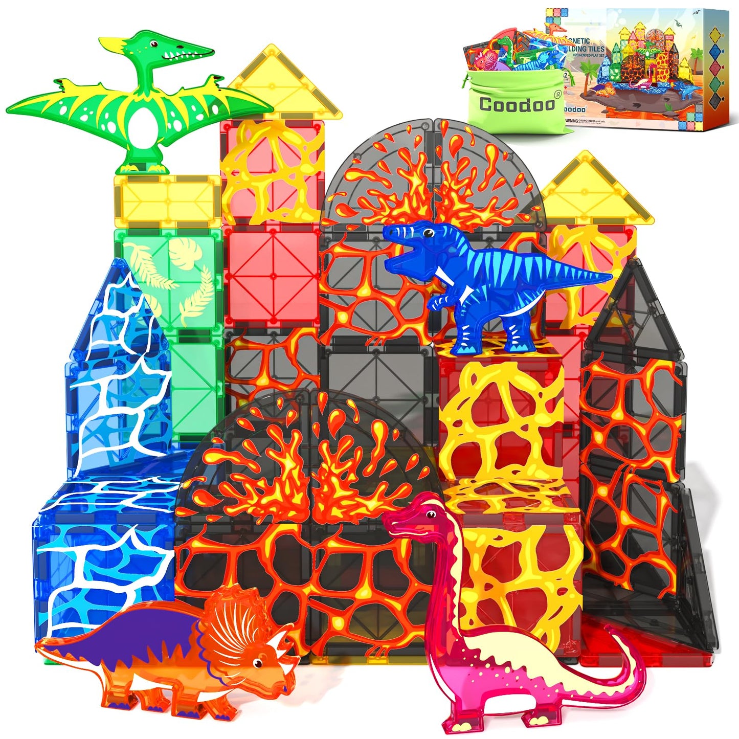Dinosaur Toys Magnetic Tiles Lava Dinosaur World Set - Magnetic Blocks Building Toys For Kids 3-5 5-7 Girls Boys Toys Age 4-6 6-8, Classroom Must Haves Toddler Sensory Toys For 3+ Year Old Kids Toys