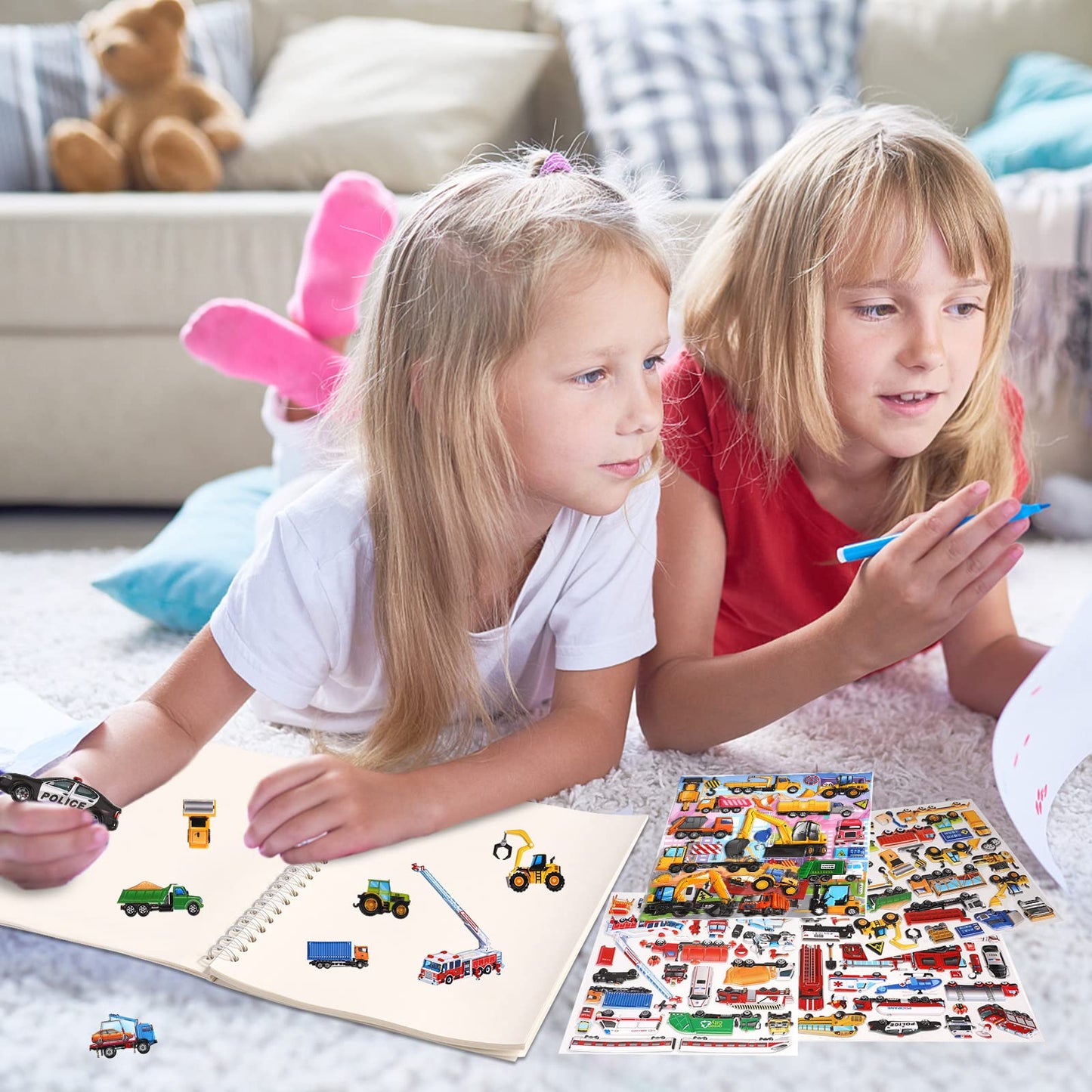 Shangrla Large Puffy Stickers Playset:Construction And Vehicle For Toddlers Boys Kids Travel Airplane Activities Reusable 3D Sticker With Trucks Tractor Police Car Fire Truck Ambulance,Puff Stickers.