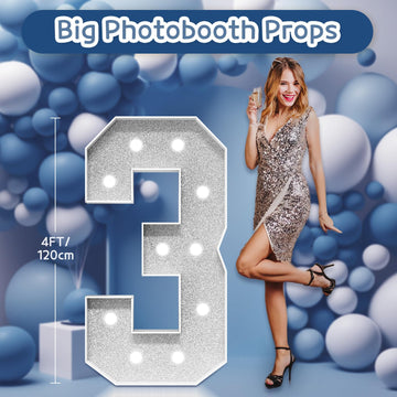 Imprsv Marquee Numbers Silver Birthday Decorations: Large 4 Feet Tall Light Up Numbers 3Rd 30Th Party Decor Big Mosaic Cardboard
