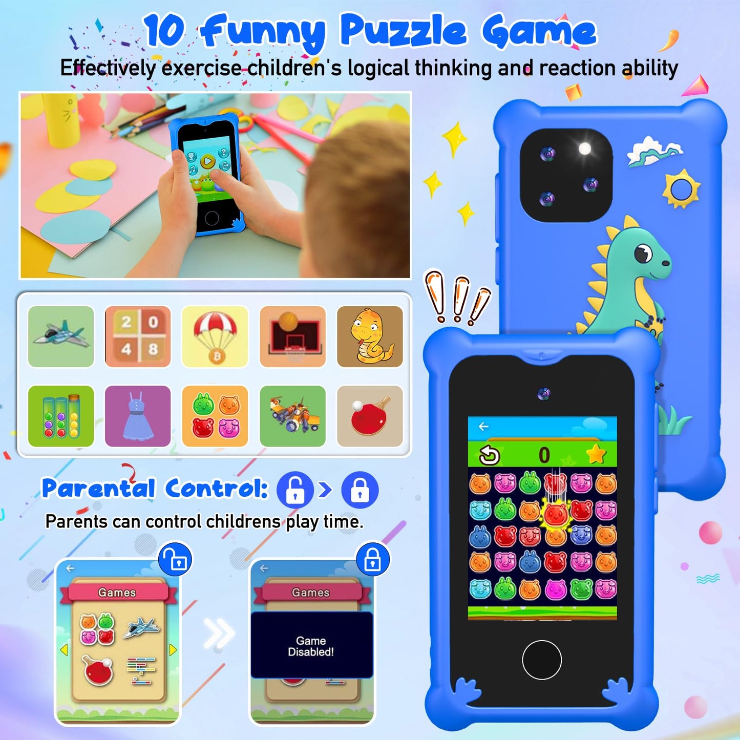 Kids Smart Phone for Boys Dinosaur Gifts for Boys 3-7 Years Old Touchscreen Toy Phone Music Player Camera Christmas Birthday Gif