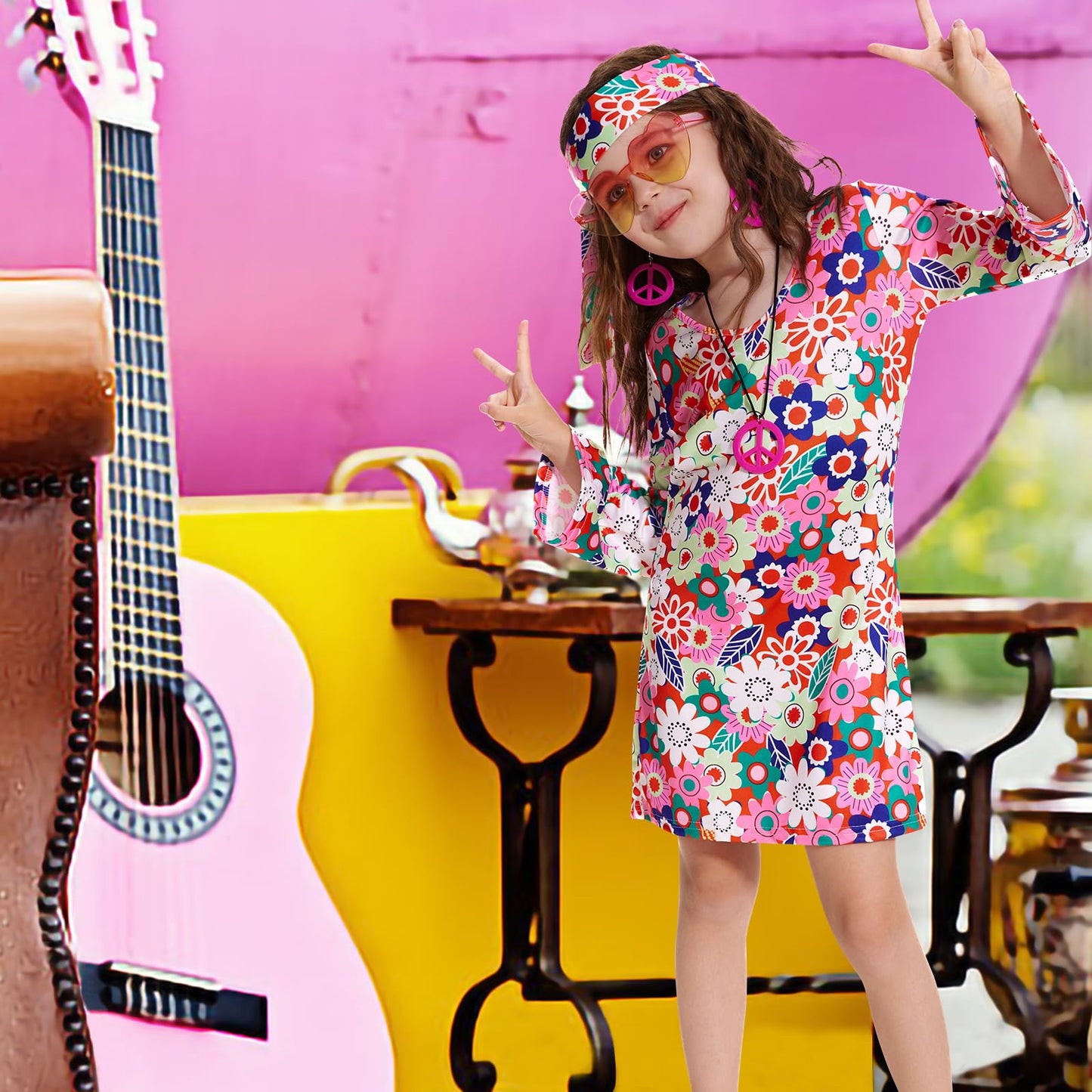 MRYUWB 70s Hippie Dress for Girls, 1970s Outfits Peace Sign Necklace Headband, 60s Themed Party Costumes for Kids 5-14 Years (Fl
