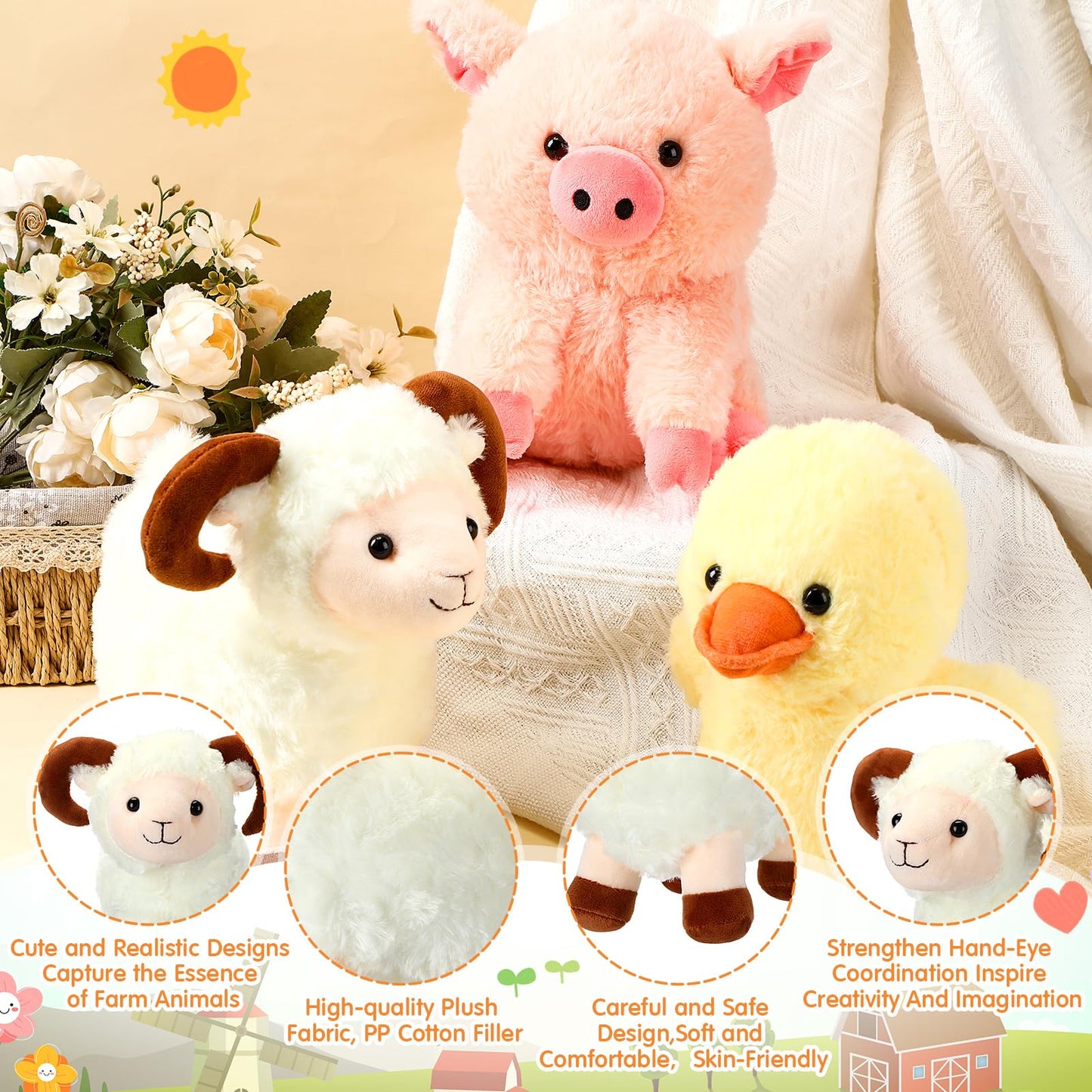 Hiboom 7 Pcs Farm Stuffed Plush Animals Toys Set 8 Inch Barnyard Stuffed Animals Bulk Soft Pig Rooster Horse Duck Sheep Cow Dog