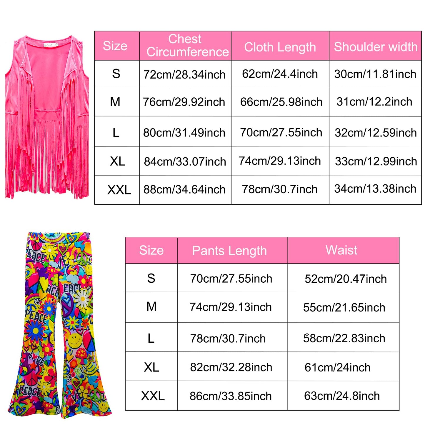Xonyicos 8 Pcs Girls Kids 60S 70S Hippie Costume Disco Outfits Fringe Vest Boho Bell Bottoms Hippie Outfits Accessories Set (Pea
