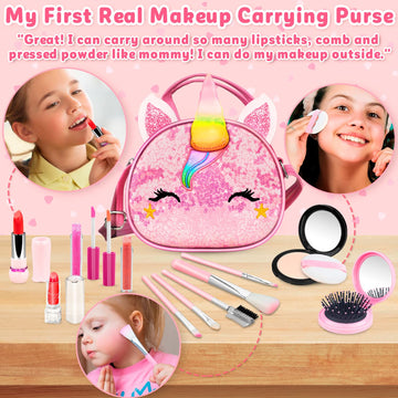 Hollyhi 25 Pcs Kids Makeup Kit for Girl, Washable Real Make Up Play Set with Unicorn Cosmetic Bag, Pretend Beauty Set Princess D