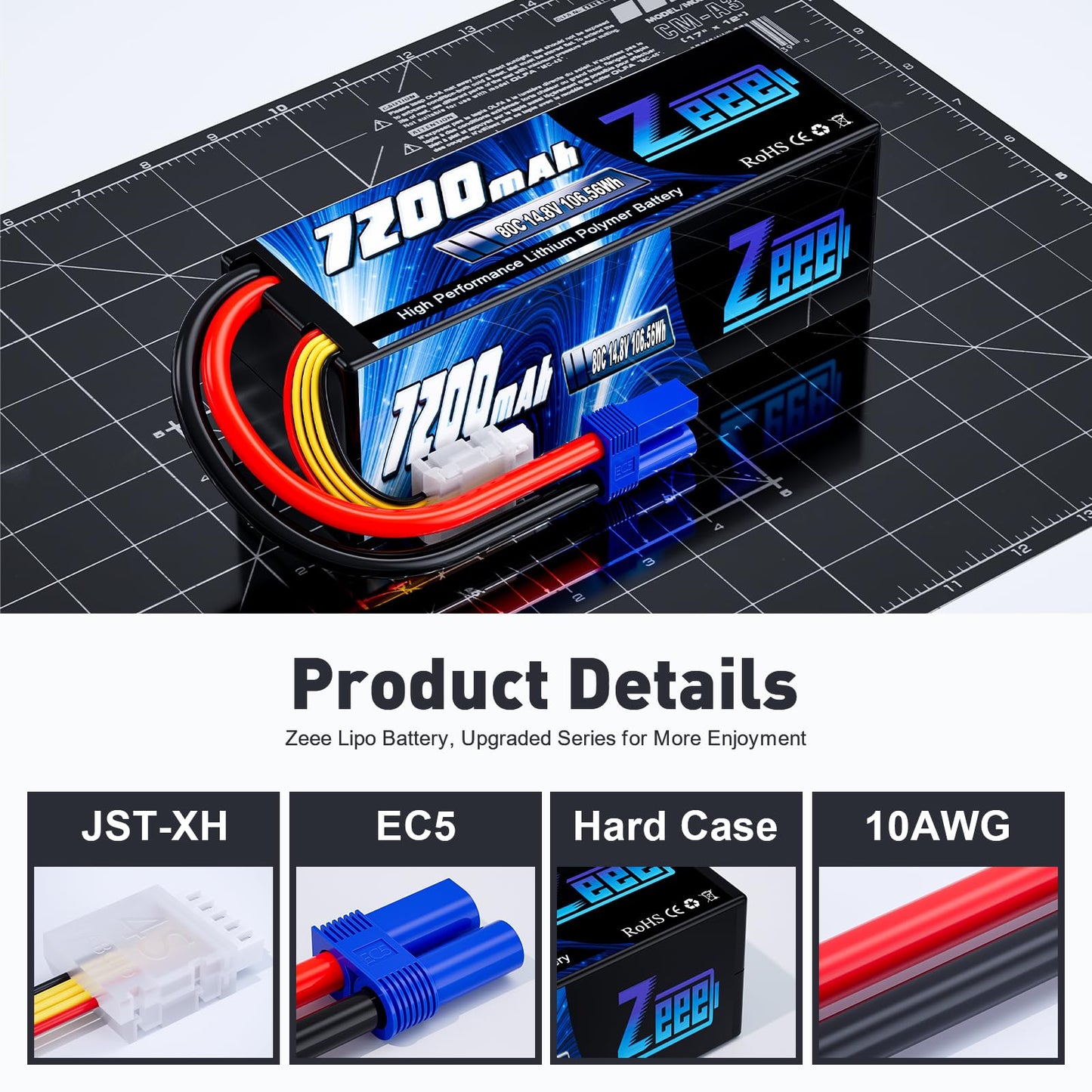 Zeee 4S Lipo Battery 7200mAh 14.8V 80C with EC5 Connector Hard Case RC Battery for RC Car Truck Tank Buggy Truggy RC Racing Mode