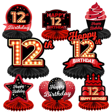 Happy 12Th Birthday Red And Black Table Honeycomb Centerpieces Balloons Theme Decor Table Decorations Table Toppers For Girls Women Princess 12 Years Old Birthday Party Bday Supplies Background Gold