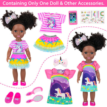 Ecore Fun 14 Inch Black Doll with Black Baby Doll Clothes Accessories - Including Dress Top Skirt Shoes Comb Mirror Hairclip Phone & Stickers - African Realistic Silicone Girl Dolls for Girls