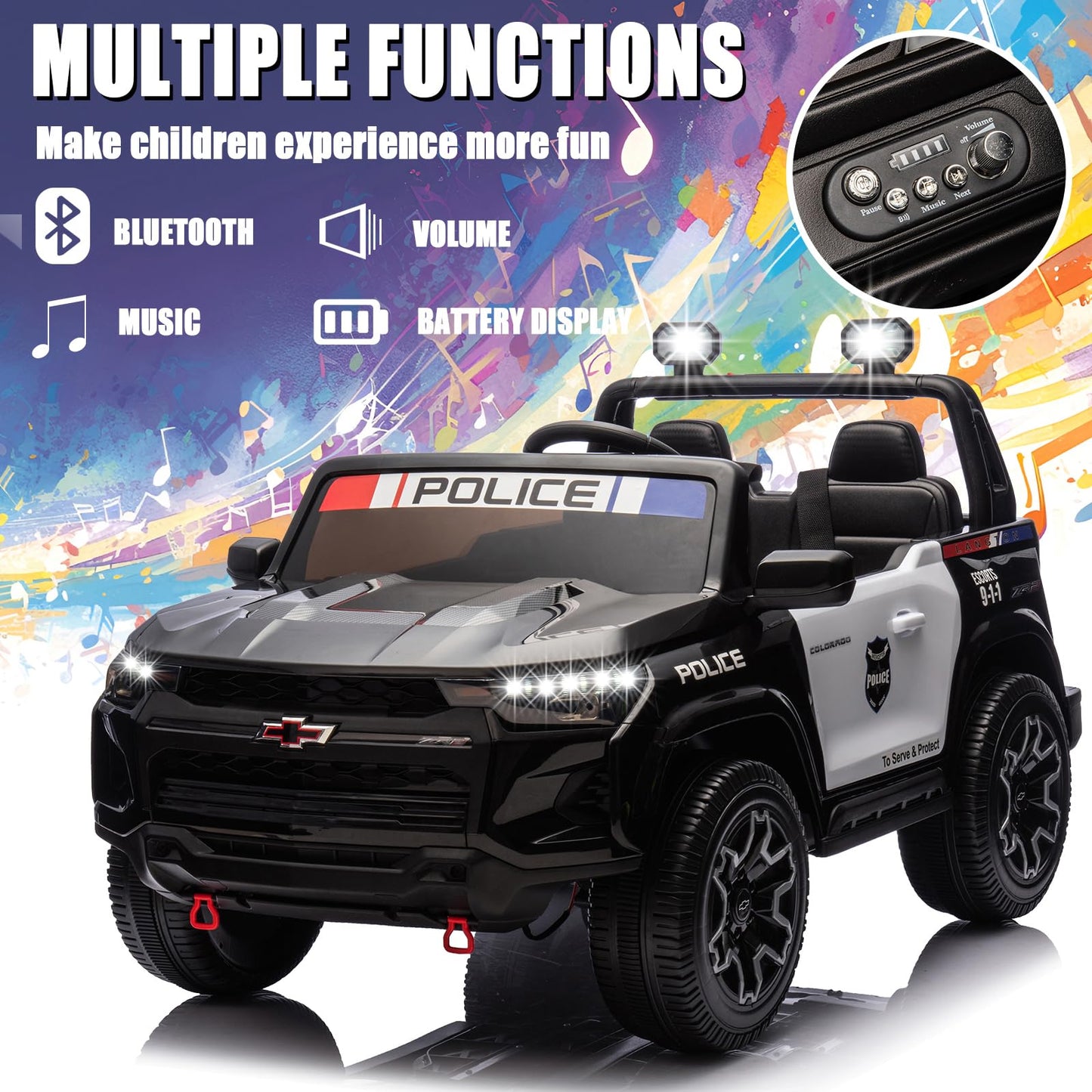 Luibas Police Car Ride On 24V 4Wd 2-Seater Battery Powered Licensed Chev-Rolet Kids Ride On Truck Electric Car With Remote Contr