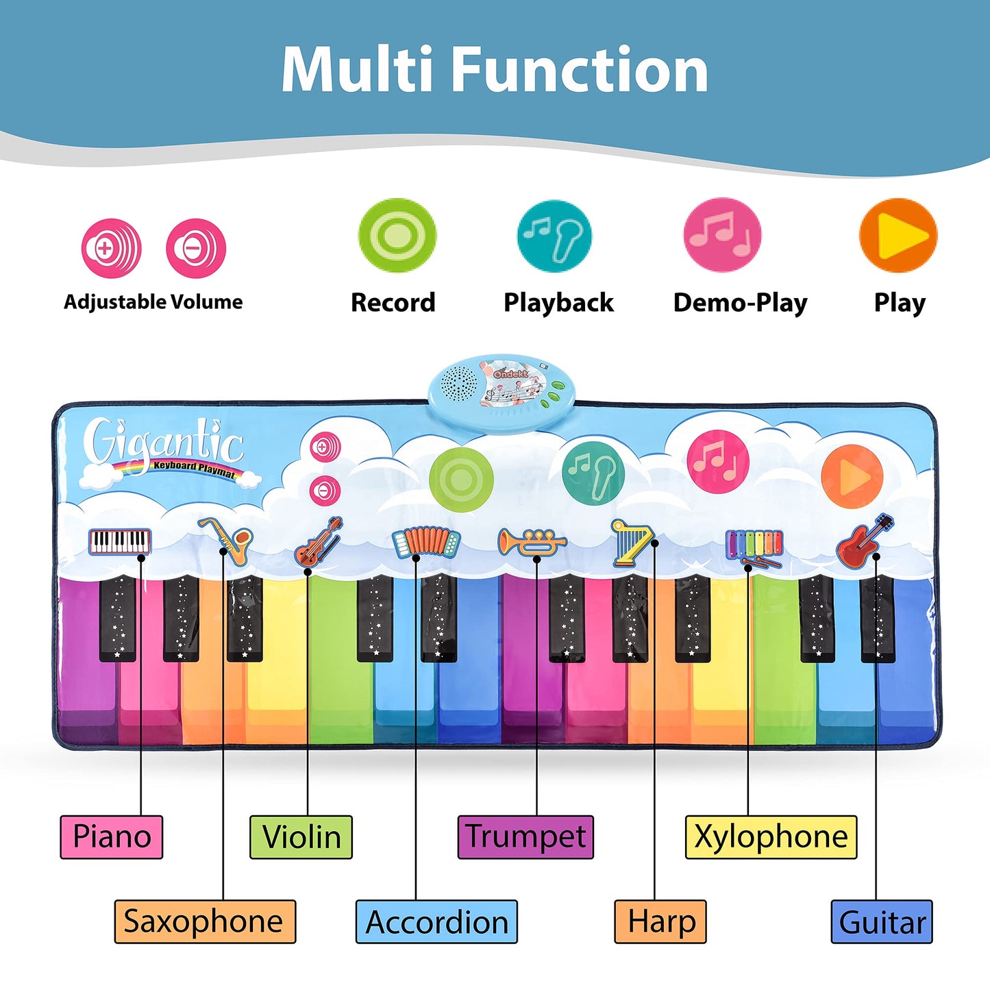 Floor Piano Mat For Kids – Large 4Ft. Portable Play Mat – 24 Keys, 8 Inbuilt Sounds – Completed Set With 2 Maracas, Tambourine, And Flute – Ideal Gift For Ages 3+ – Non-Slip, Compact & Portable - Usa