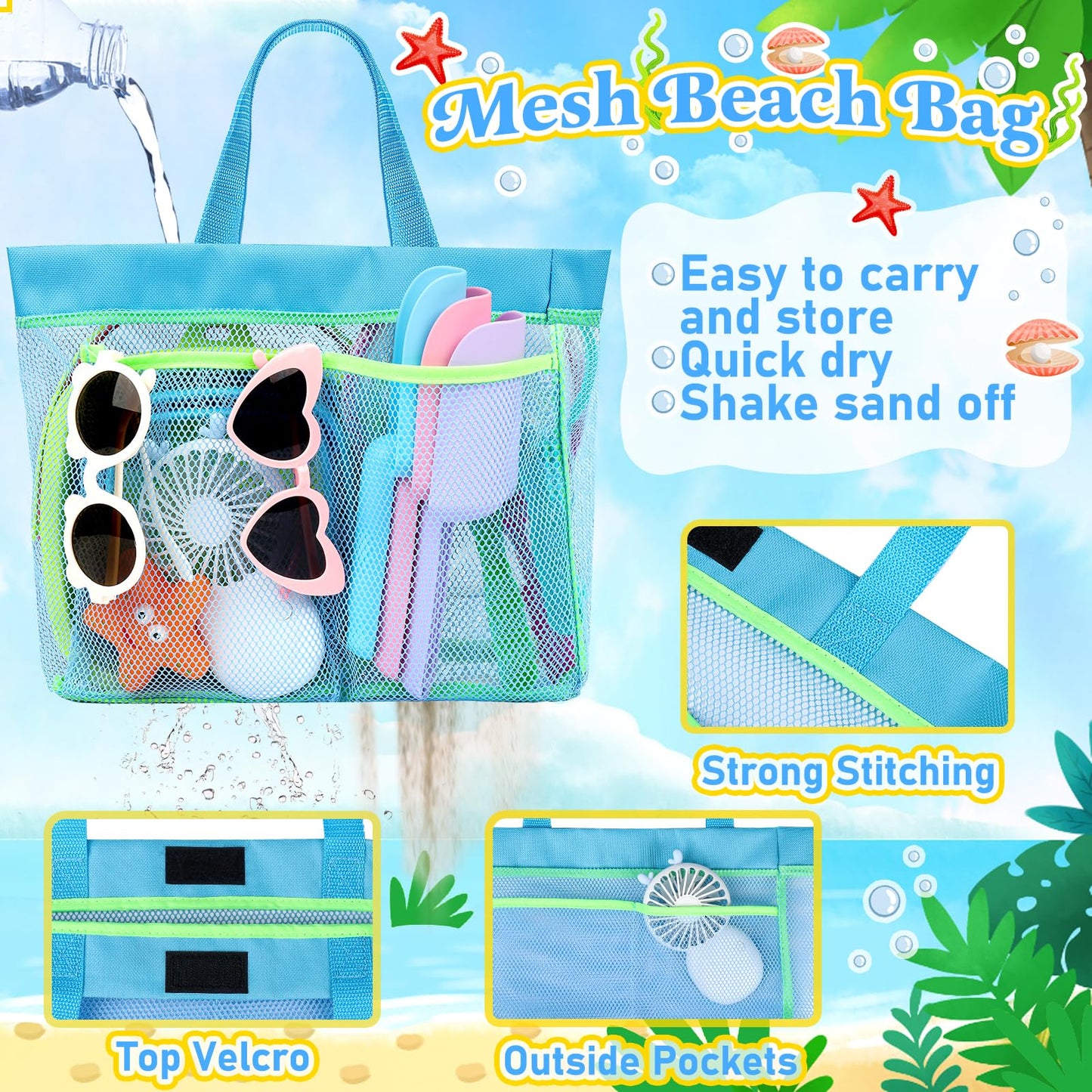 TSDATOWR Collapsible Beach Buckets for Kids, Foldable Sand Buckets and Shovels with Mesh Beach Bag, Silicone Beach Sand Pails fo