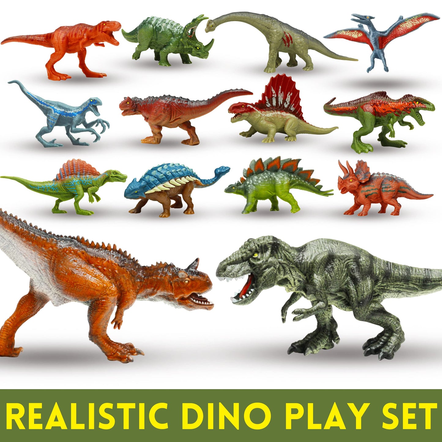 Oriate Jurassic Dinosaur Toys Catch N Run Fighting Playset, 32 Pcs Include Big T-Rex & Carnotaurus 12 Mini Dinosaur Figures 6 Fences 1 Egg Play Sets, Dinosaur Toys For Kids 2-4 3-5