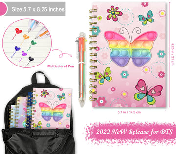 Pop Notebook For Kids, Fidget Girls Diary Journal 8.3X5.7 Inches 160 Lined Pages With 6 Multicolor Pen Spiral Journal For Teenage School Writing Drawing Pop Butterfly It Gifts Stuff Age 6 8 10 12