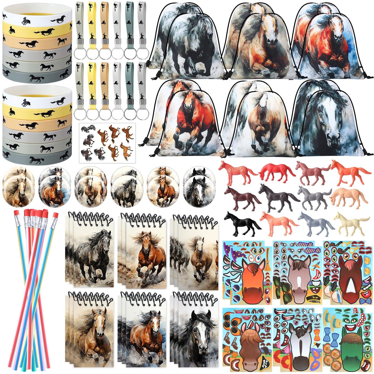 Dansydaisy 114 Pcs Horse Themed Party Favor Supplies with Drawstring Bag Mini Figurines Keychain Silicone Bracelets Badges Puzzl