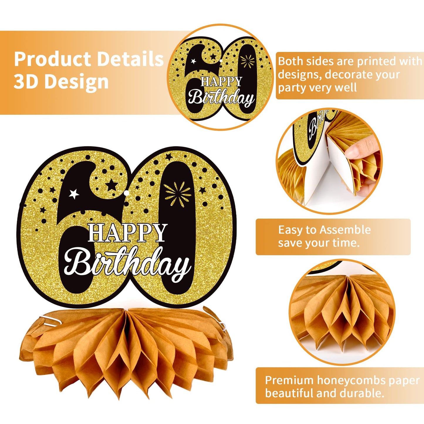 60Th Glitter Black Gold Birthday Banner Party Decorations, Happy 60Th Birthday Decorations Hanging Swirls Banner Honeycomb Centerpieces For Men Women Happy 60 Years Old Bday Party
