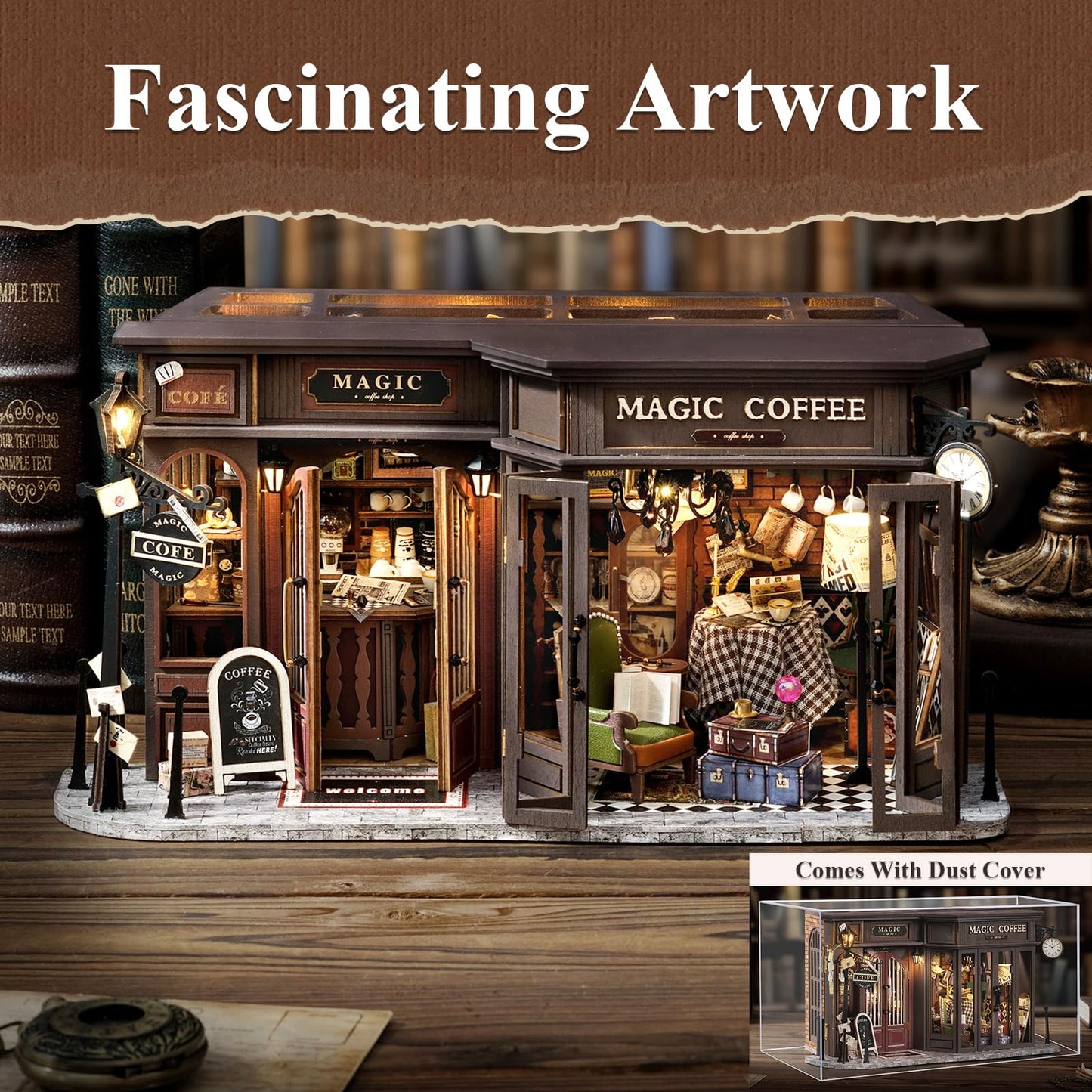 Fsolis DIY Miniature Dollhouse Kit for mature-themeds - Tiny House Mini Scene 3D Puzzles Gifts for Women Teenagers Craft Lovers (Magic Coffee)