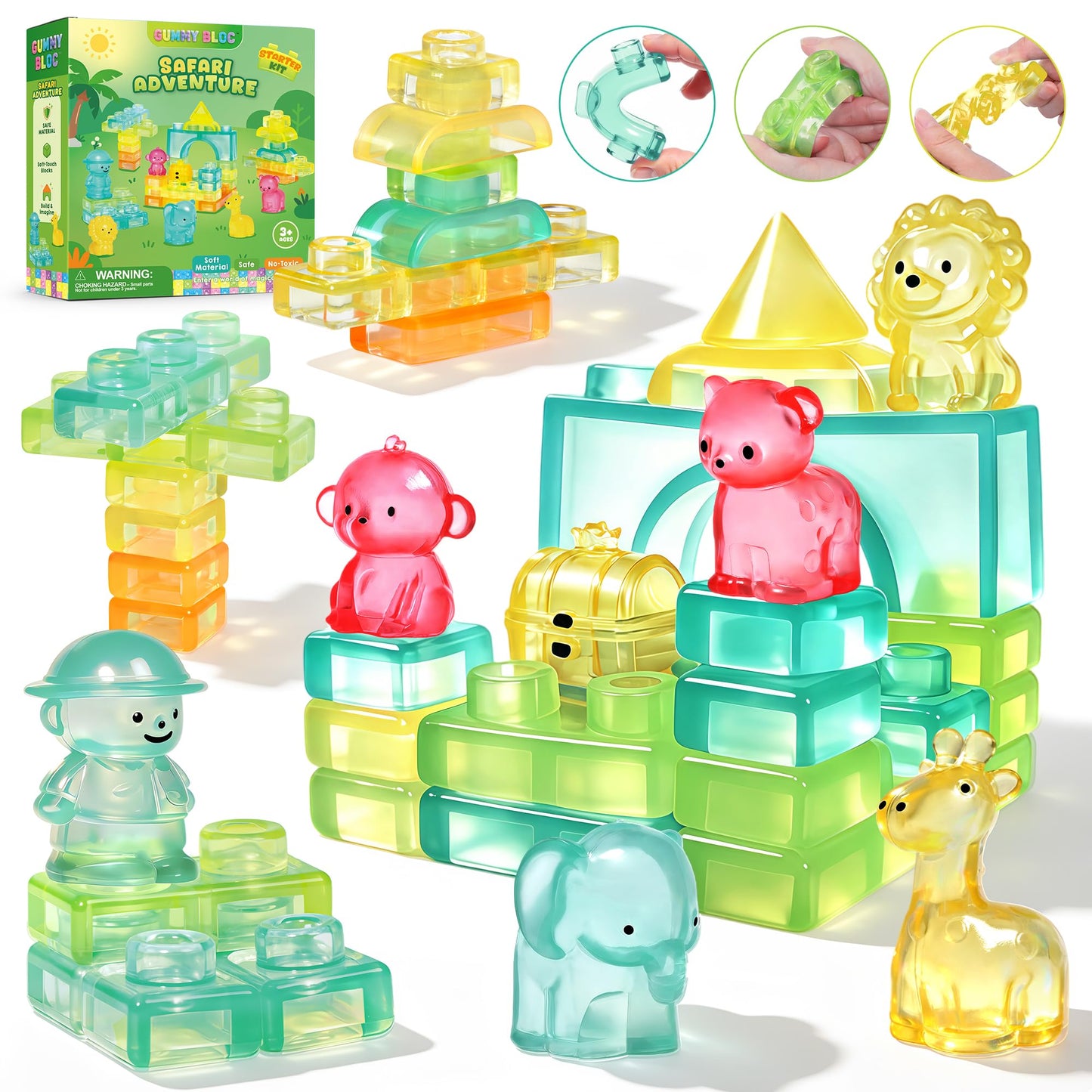 Gummy Bloc Safari Adventure Sensory Soft Building Blocks for Toddlers, 52 PCS Montessori Squishy Stacking Toy Set, Jungle Animal