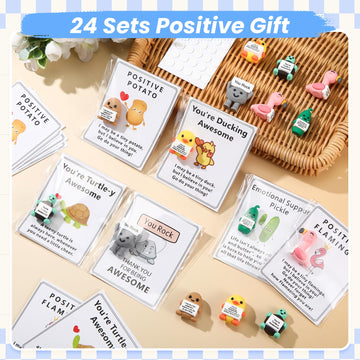 Gejoy 24 Sets Funny Positive Dolls Emotional Toy with Positive Card Encouraging Rubber Duck Pickle Potato Stone Turtle Flamingo Inspirational Birthday Gifts for Coworkers Students Friends Room Decor