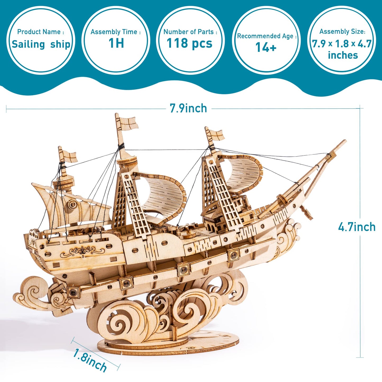 Rowood 3D Wooden Puzzle For Adults, Vintage Wooden Watercraft Model Kit To Build, Best Gift Ideas - Sailling Ship