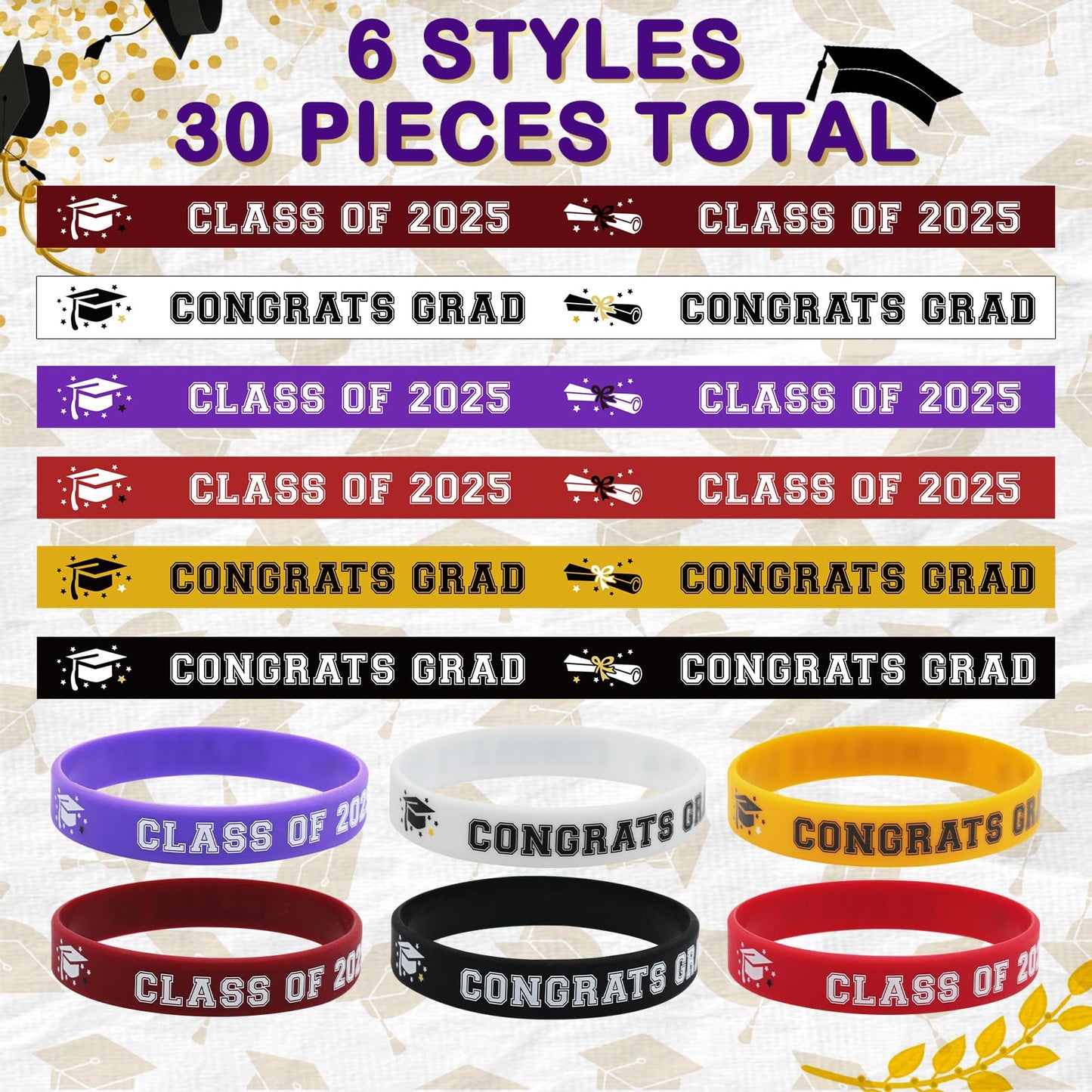 Class Of 2025 Graduation Party Favors Bulk 30Pcs Congrats Grad Rubber Graduation Bracelets Supplies Silicone Wristbands Graduati