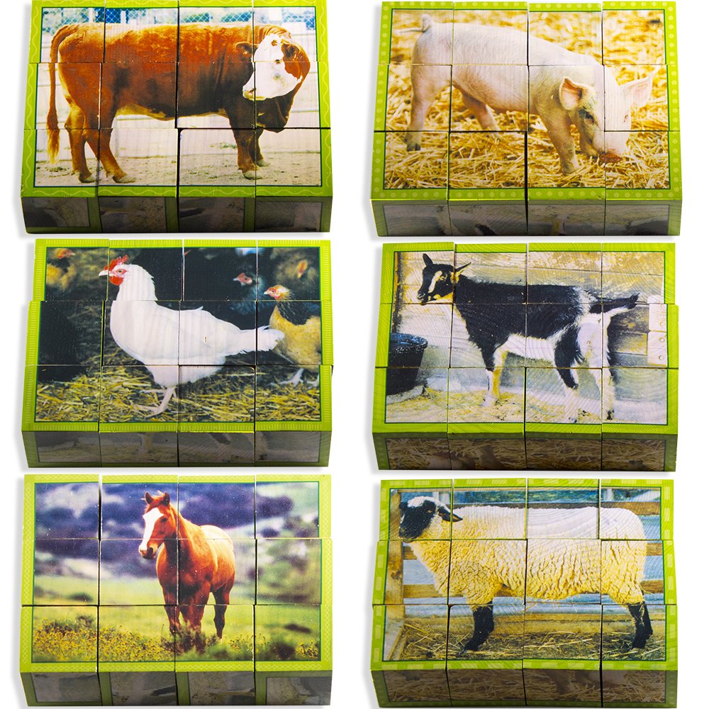 Stages Learning Wooden Farm Animal Cube Puzzle For Preschool Language Builder (Slm408)