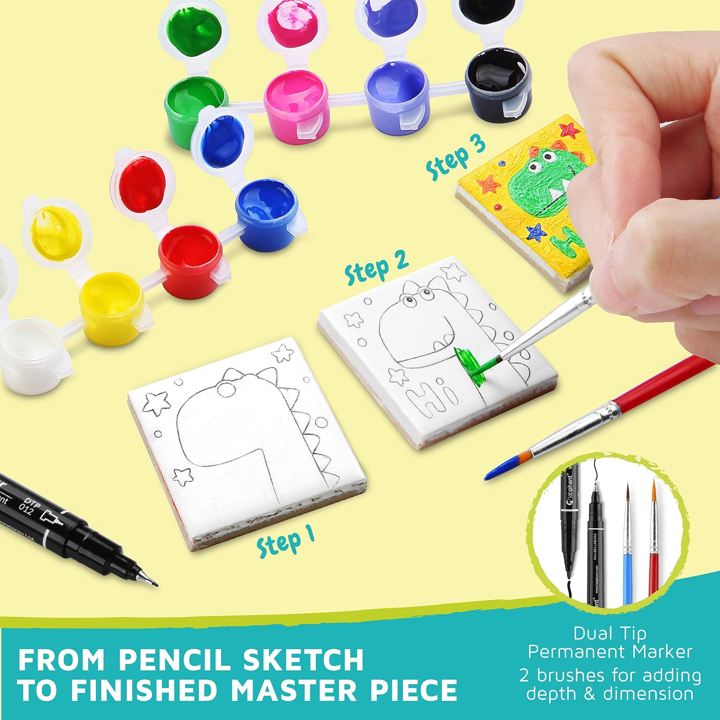 Magnetic Mini Tile Art - Diy Craft Kit; Design And Paint Magnet Tiles - Kids Paint Arts & Crafts Project; Includes 12 Tile Magnets, 8 Paint Colors, 2 Brushes And Marker; Fun Ceramic Tile Painting Kit