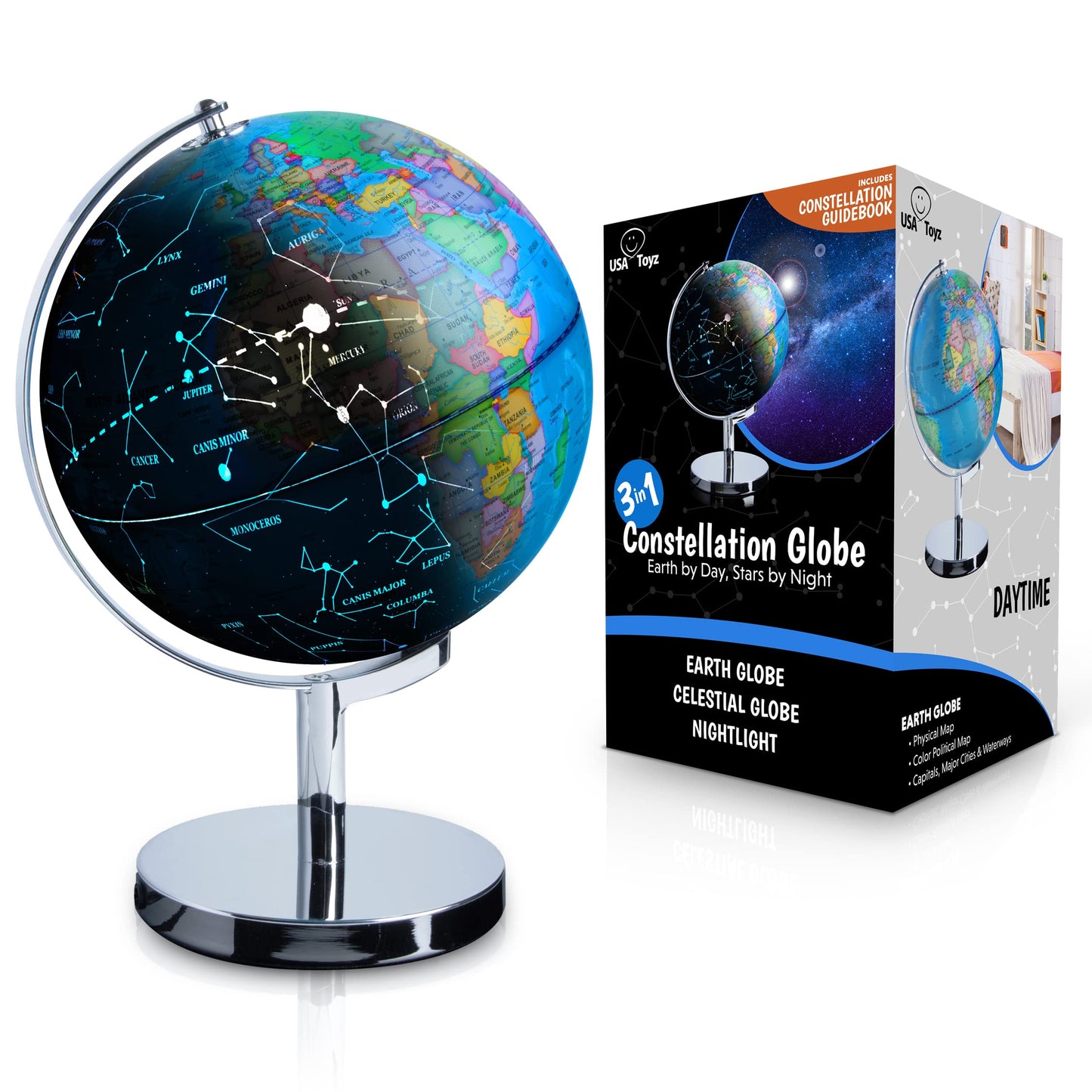 USA Toyz Illuminated World Globe with Stand - 3in1 STEM Globes for Adults and Kids, Constellation Map, Built-In LED Night Light