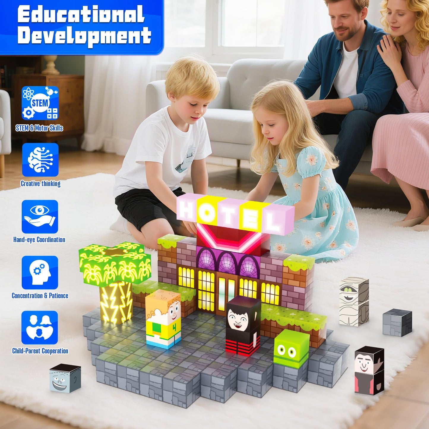 Neoformers Magnetic Building Blocks 188Pcs Hotel Elves Magnet Building Cubes With Lights, Educational Sensory Stacking Kit & Ste