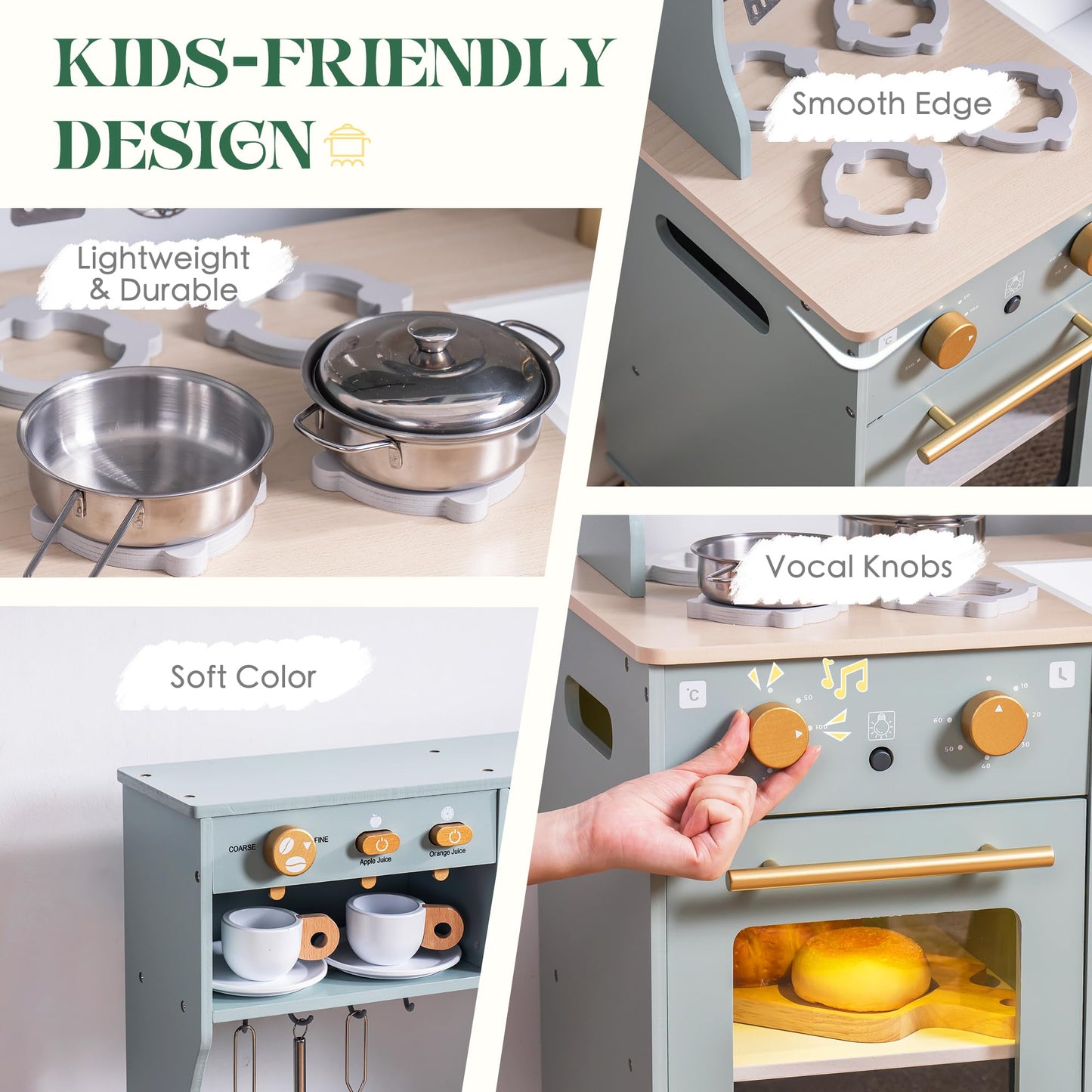 ROBUD Wooden Play Kitchen for Kids Toddlers, Corner Wooden Play Kitchen with Fridge, Ice Maker, Coffee Maker, Juicer, Oven, Dish