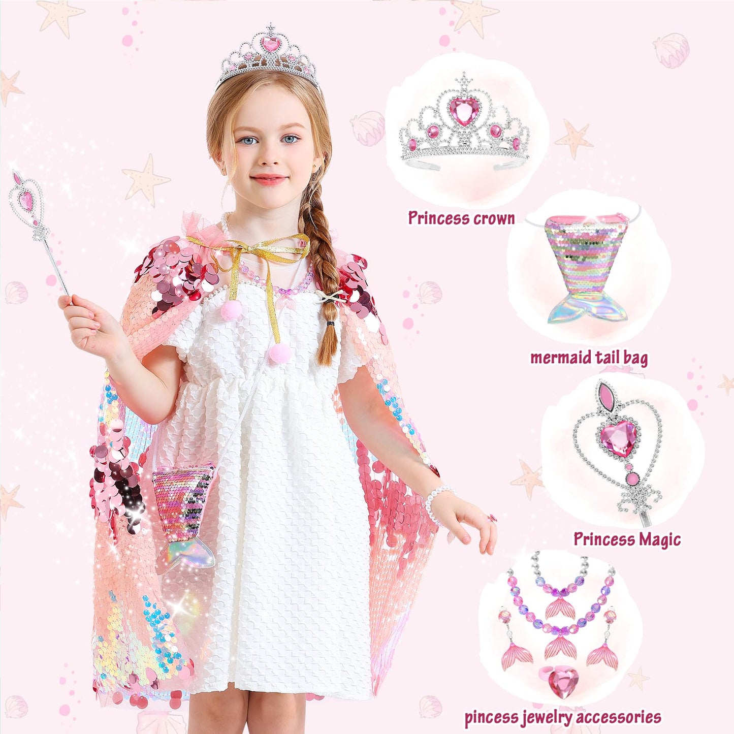 Limiroler Princess Dress Up Toys Mermaid Dress Up Cape Kit 9 Pcs Gift Set For Little Girls 3-8 Years Old, Princess Dress Up Clothes Set Gift For Birthday Christmas Party Halloween (Pink)