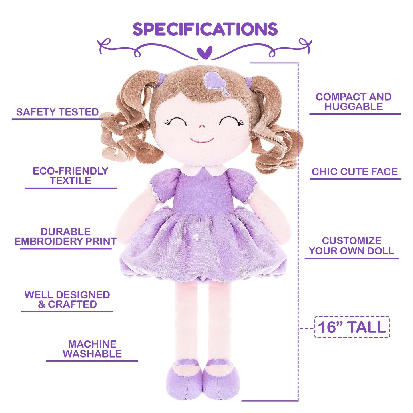 Gloveleya Personalized Curly Doll With Your Name - Cute Custom Light Purple Soft Plush Doll For Girls Plush Doll Customized Gifts