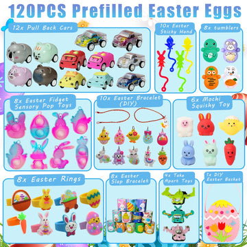 SQZUWIT 120 PCS Prefilled Easter Eggs Filled with Toys Inside for Kids Boys Girls Easter Hunt Basket Stuffers Essentials Fillers