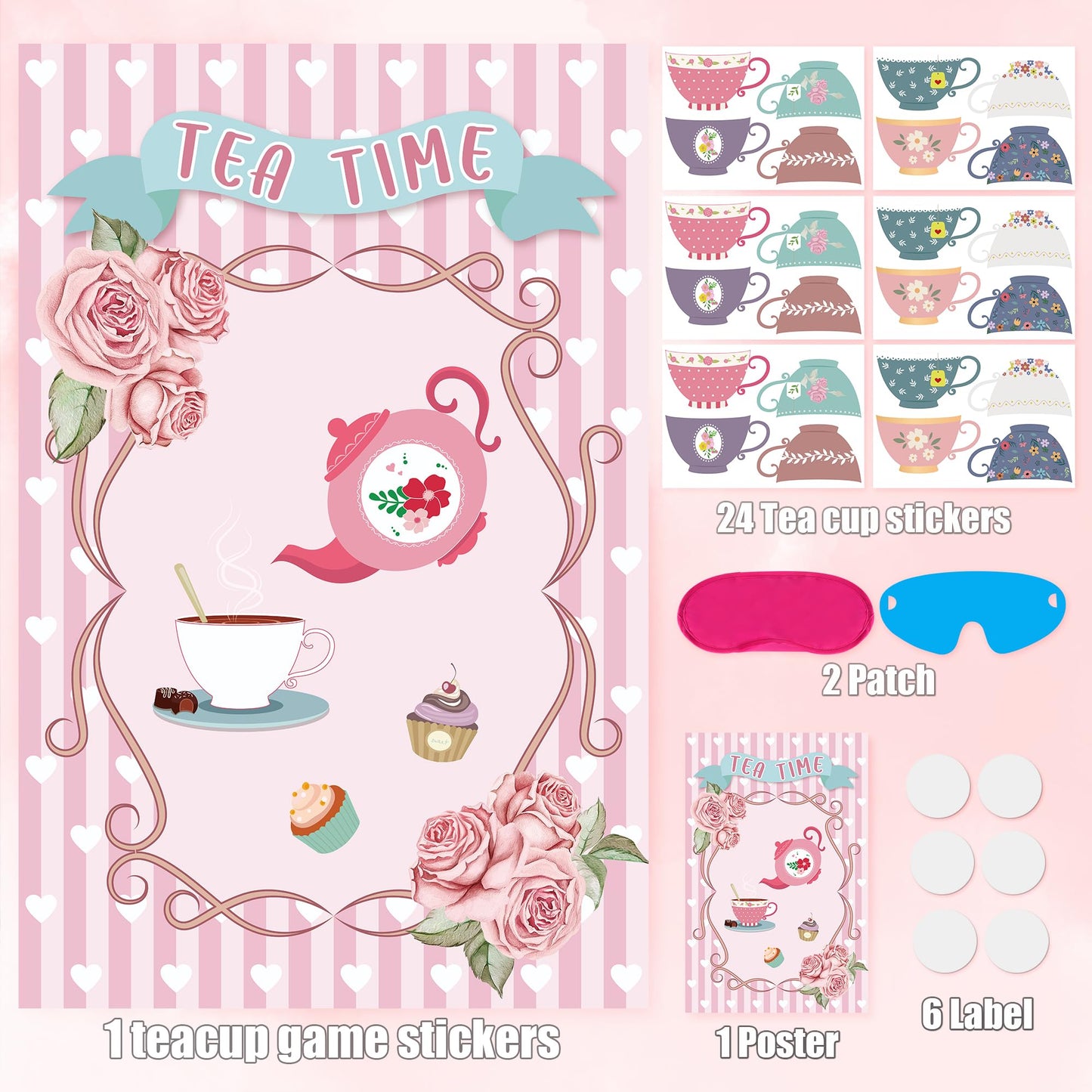 Hooqict Tea Party Games Pin The Tea Cup On The Saucer, Large Tea Party Decorations Poster With 24 Tea Cup Stickers For Girls Birthday Party Games Women Tea Party Favors Supplies