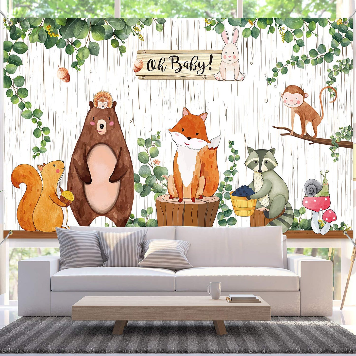 Woodland Baby Shower Backdrop Banner, Large Fabric Jungle Animal Birthday Party Decorations Woodland Creatures Forest Background
