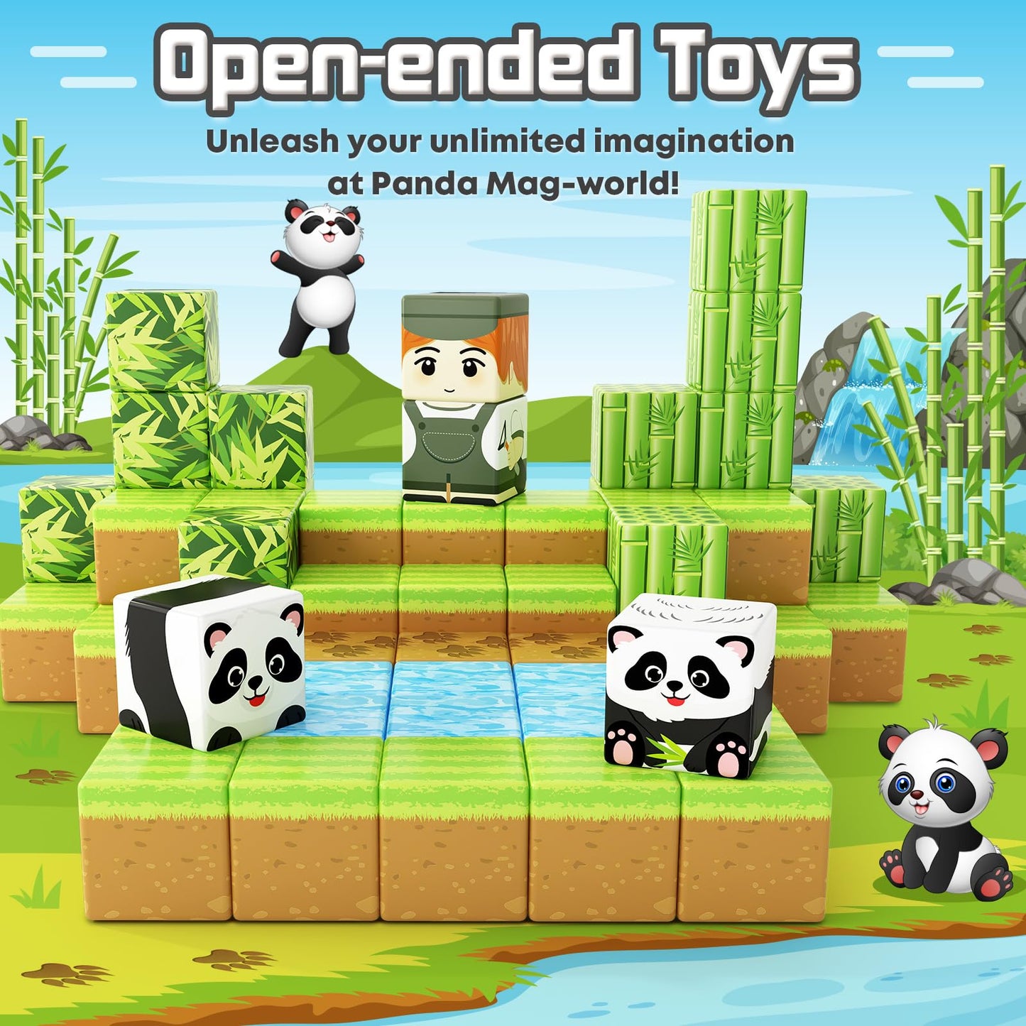 Toylogy Magnetic Blocks - Panda Edition, Plastic Building Tiles for Ages 3-8, Green STEM Learning Toys