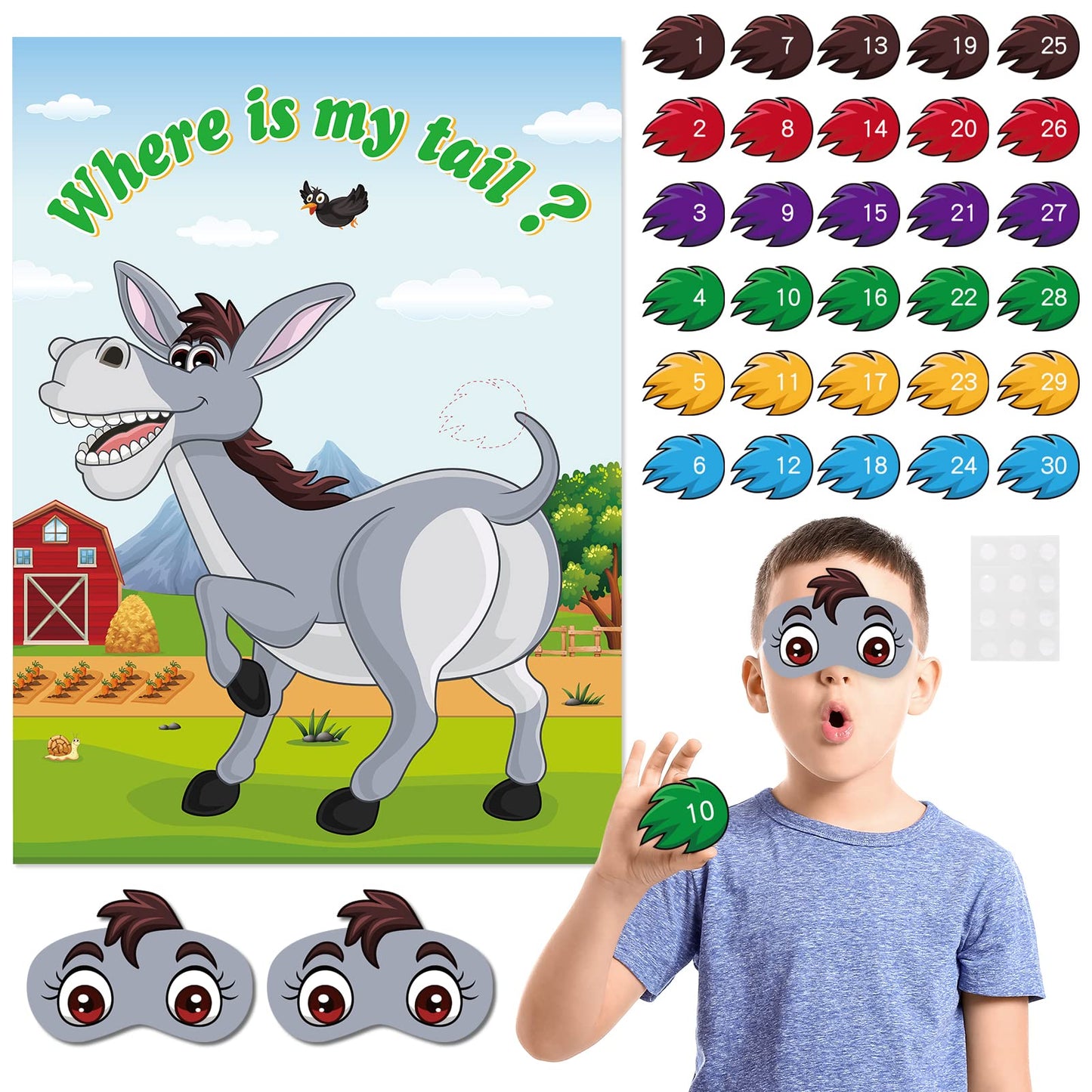 Neburora Pin The Tail On The Donkey, Party Game With 30 Pcs Tails For Kids Birthday Party Carnival Circus Christmas Party Suppli