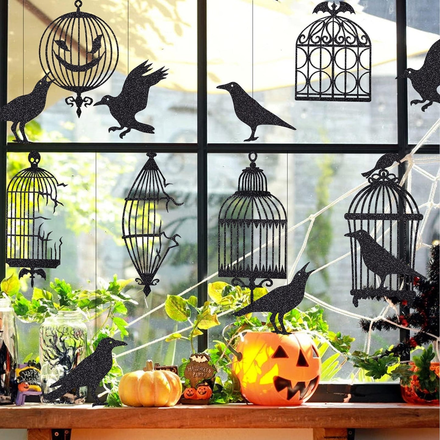 Glitter Black Crow Cage Decorations For Gothic Halloween Tree Hanging Decorations Raven Bird And Cage Banner Garland Centerpiece