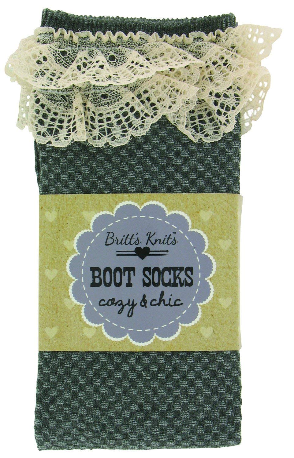 Britt'S Knits Boot Socks Hearts With Cotton Lace, Charcoal, One Size