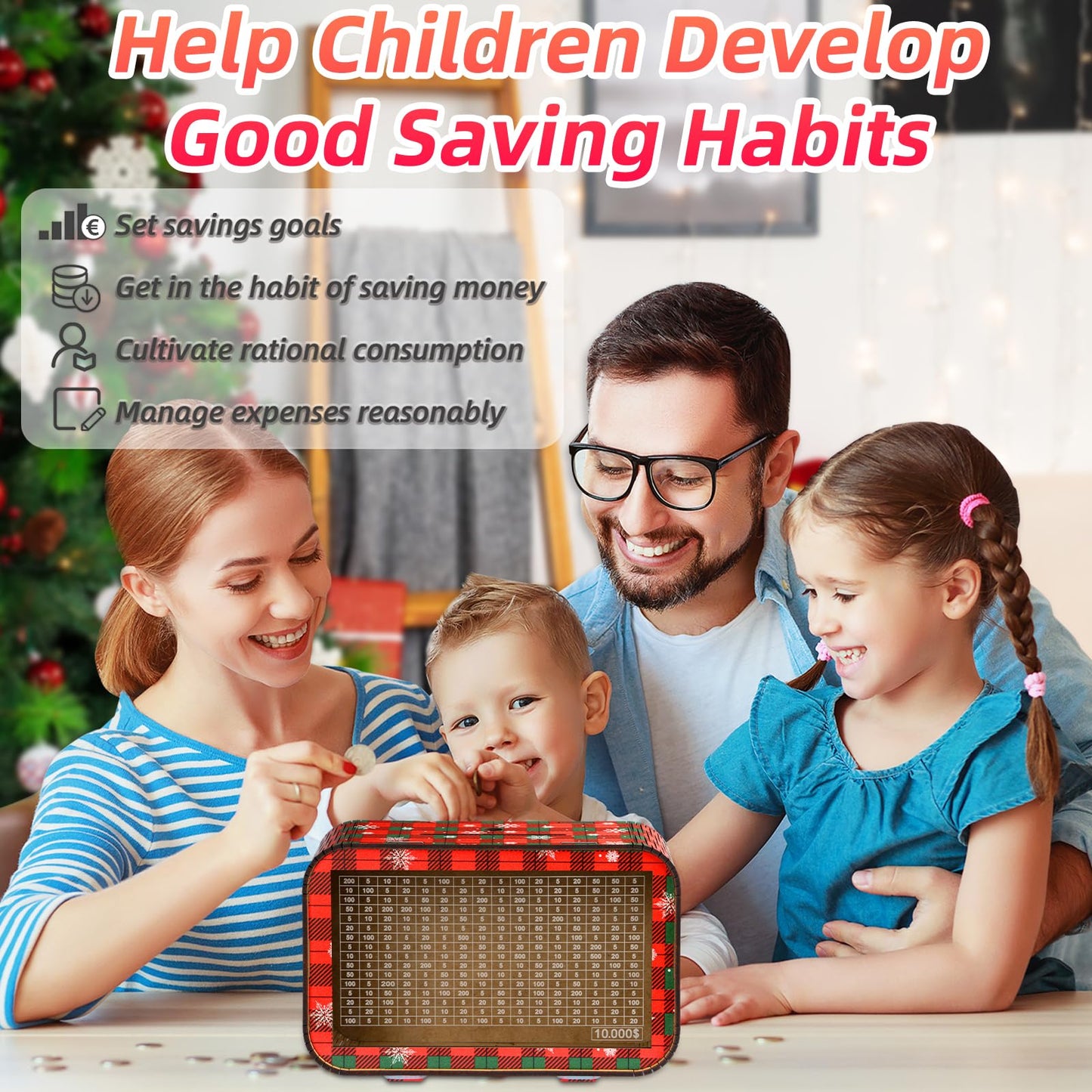 Christmas 4-In-1 Wooden Money Saving Challenge Box - Fully Assembled Piggy Bank ($1000/$3000/$5000/$10000) - Kakeibo Money Box W