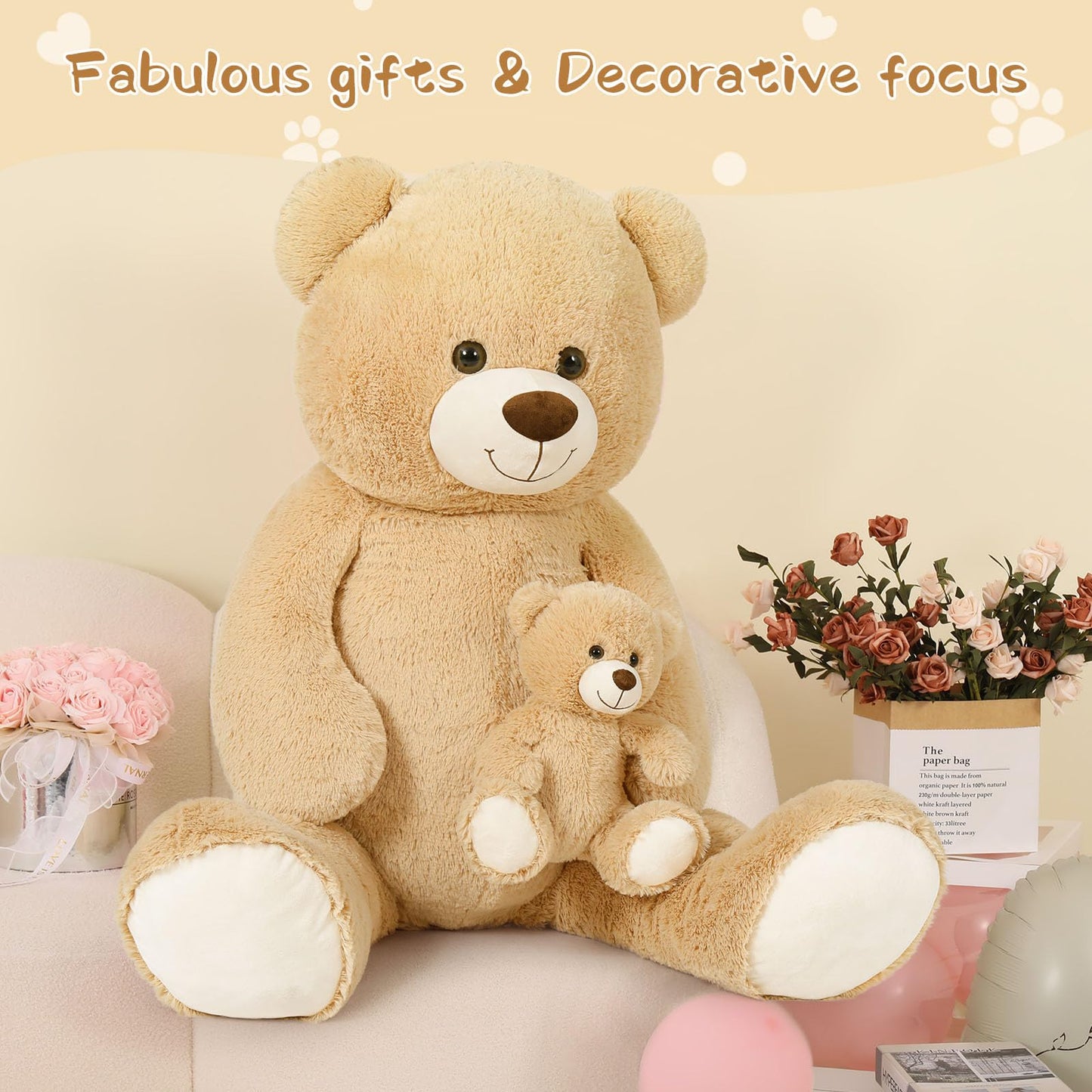 Tezituor Giant Teddy Bear Stuffed Animal 51In, Large Teddy Bear Mommy With Baby, Big Teddy Bear Stuffed Bear For Kids, Girlfriend On Valentine, Christmas, Baby Shower, Birthday, Light Brown